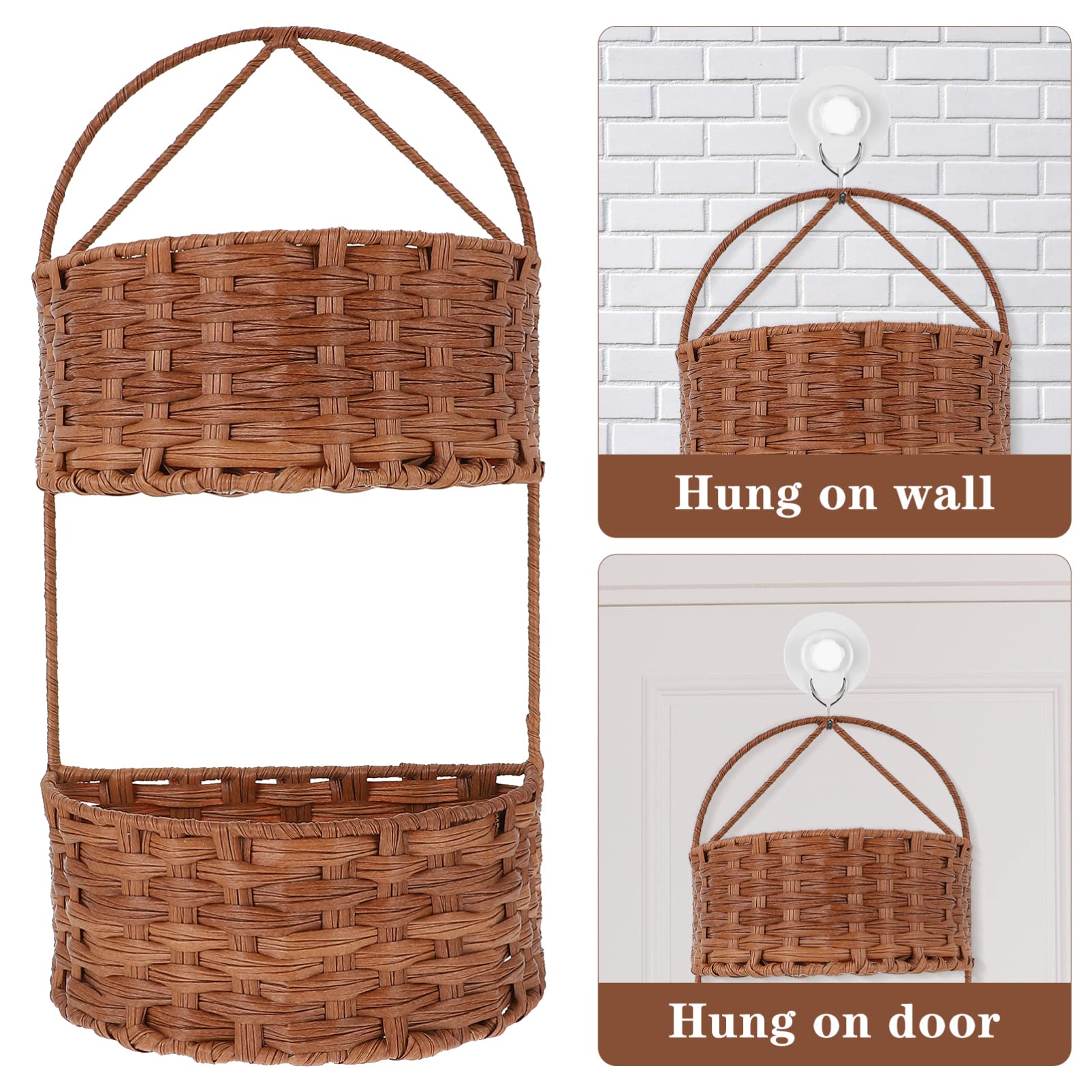 VOSAREA 2-Tier Wall Hanging Basket - Rattan Woven Storage Organizer for Sundries, Home Decor & Wall Decor | Perfect for Bathroom, Kitchen, Bedroom Organization & Farmhouse Style Decorating