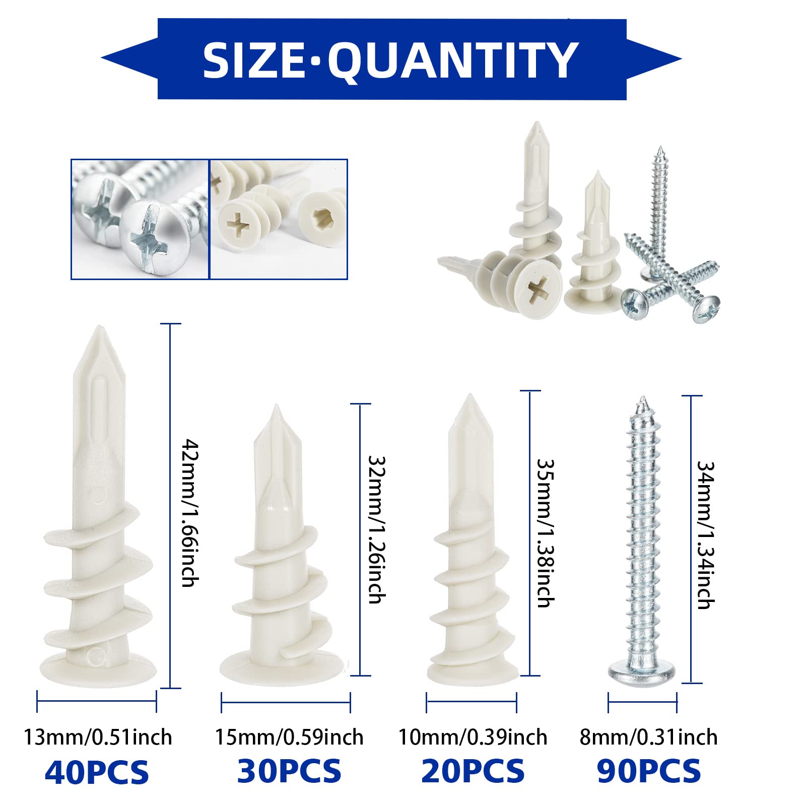 180-Piece Nylon Plastic Drywall Anchors Kit - Self-Drilling Wall Anchors for Hollow Walls, Heavy Duty & Sturdy Drywall Fasteners - Perfect for Hanging Pictures, Shelves & Home Decor