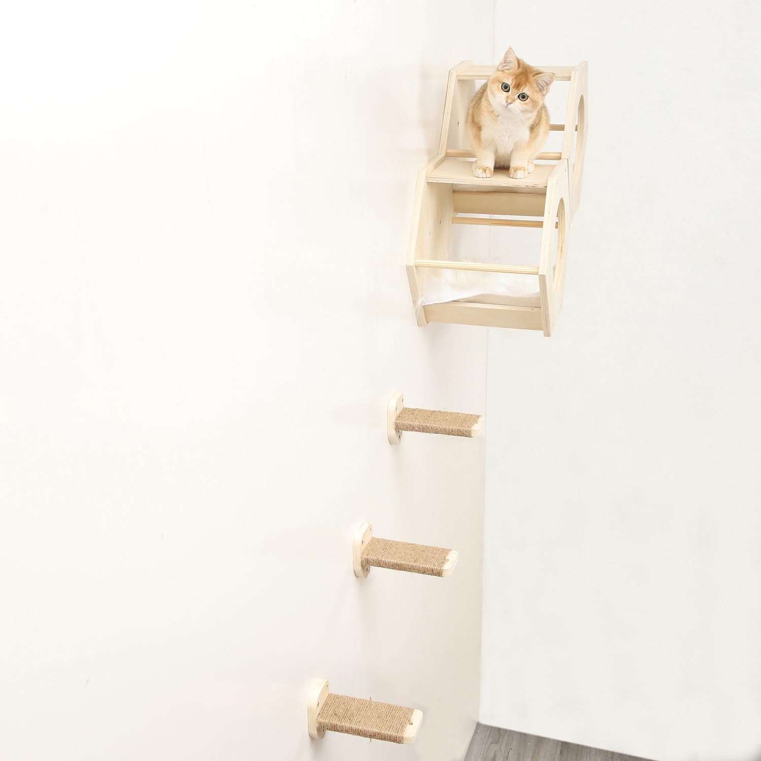 Premium Cat Wall Shelves with 3-Step Scratcher & Plush Hammock - Natural Wood Climbing Shelves for Indoor Cats - Wall Mounted Cat Furniture for Play, Rest & Vertical Space Exploration
