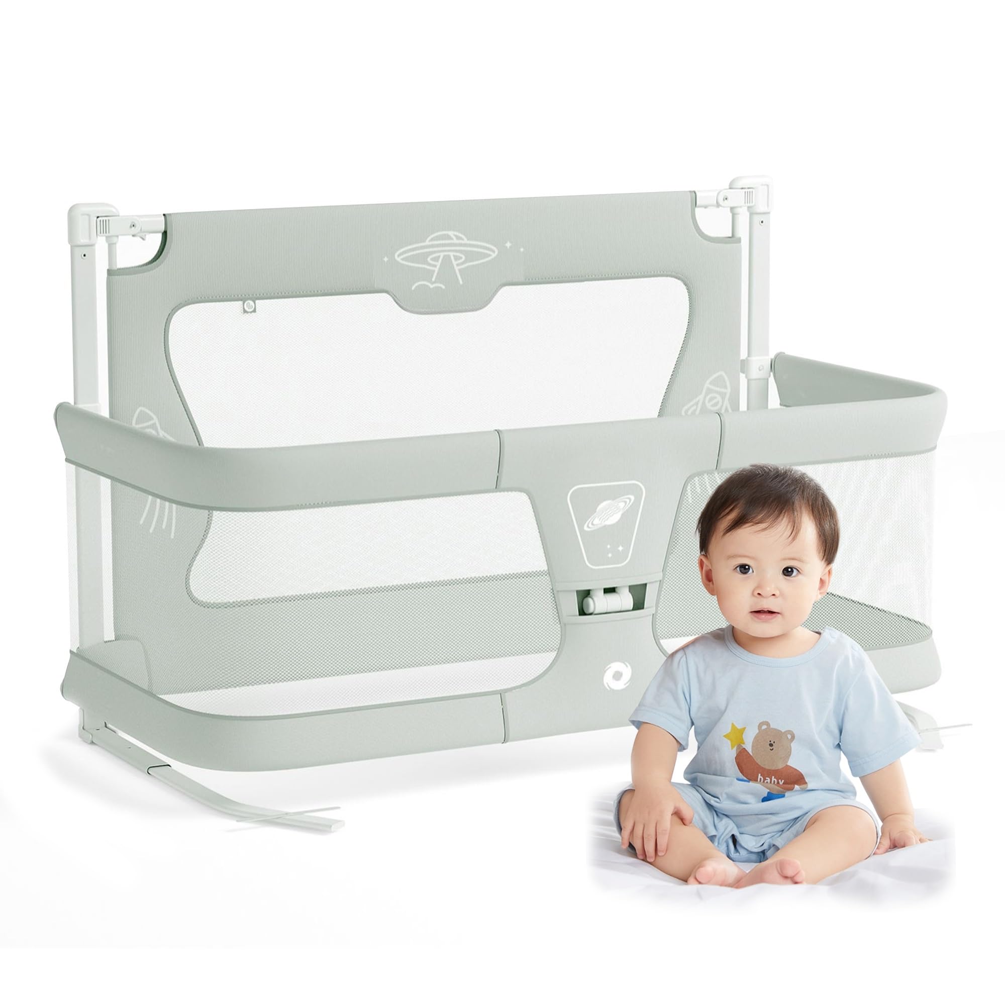 3-in-1 Adjustable Mesh Bedside Bassinet for Newborns | Portable Co-Sleeper Baby Crib with Breathable Sides | Perfect for Nursery, Bedroom & Travel (Green)