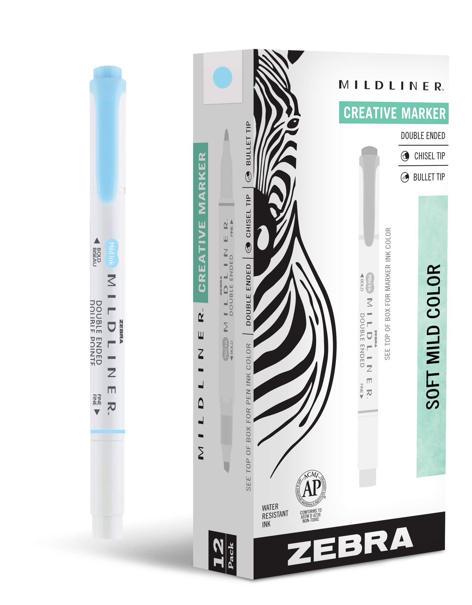 Zebra Pen Mildliner Double-Ended Highlighter Markers - Broad & Fine Tip Bible Study Highlighters, No Bleed Pastel Blue Ink, 12-Pack (78120upc) - Perfect for Note Taking, Journaling & Bible Study