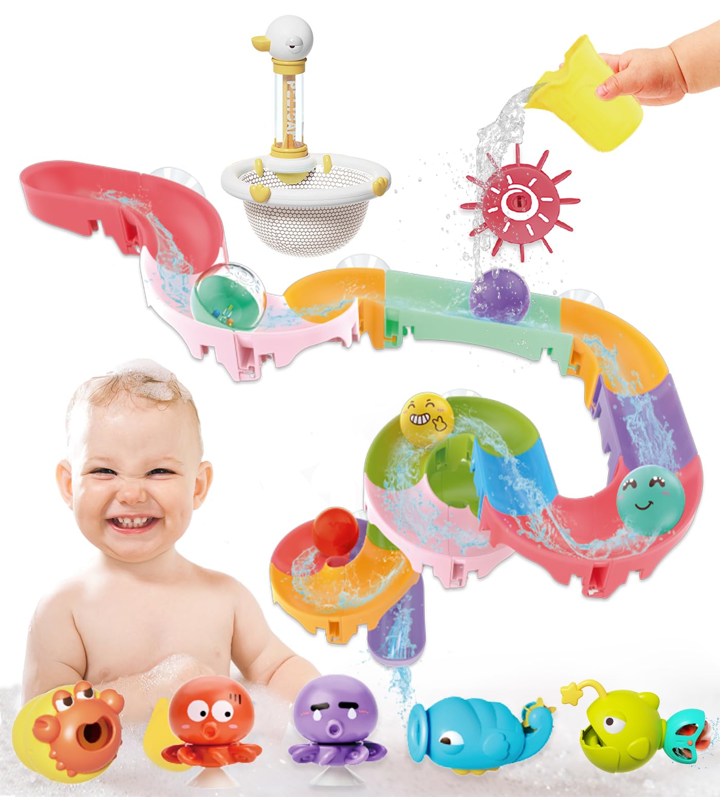 41 PCS Toddler Bath Toys Set with DIY Water Slide Track, Fishing Net & Floating Animals - Fun Bathtime Learning Toys for 1-5 Year Olds - Perfect for Baby Showers, Christmas & Birthday Gifts - Encourages Sensory Play & Motor Skills Development