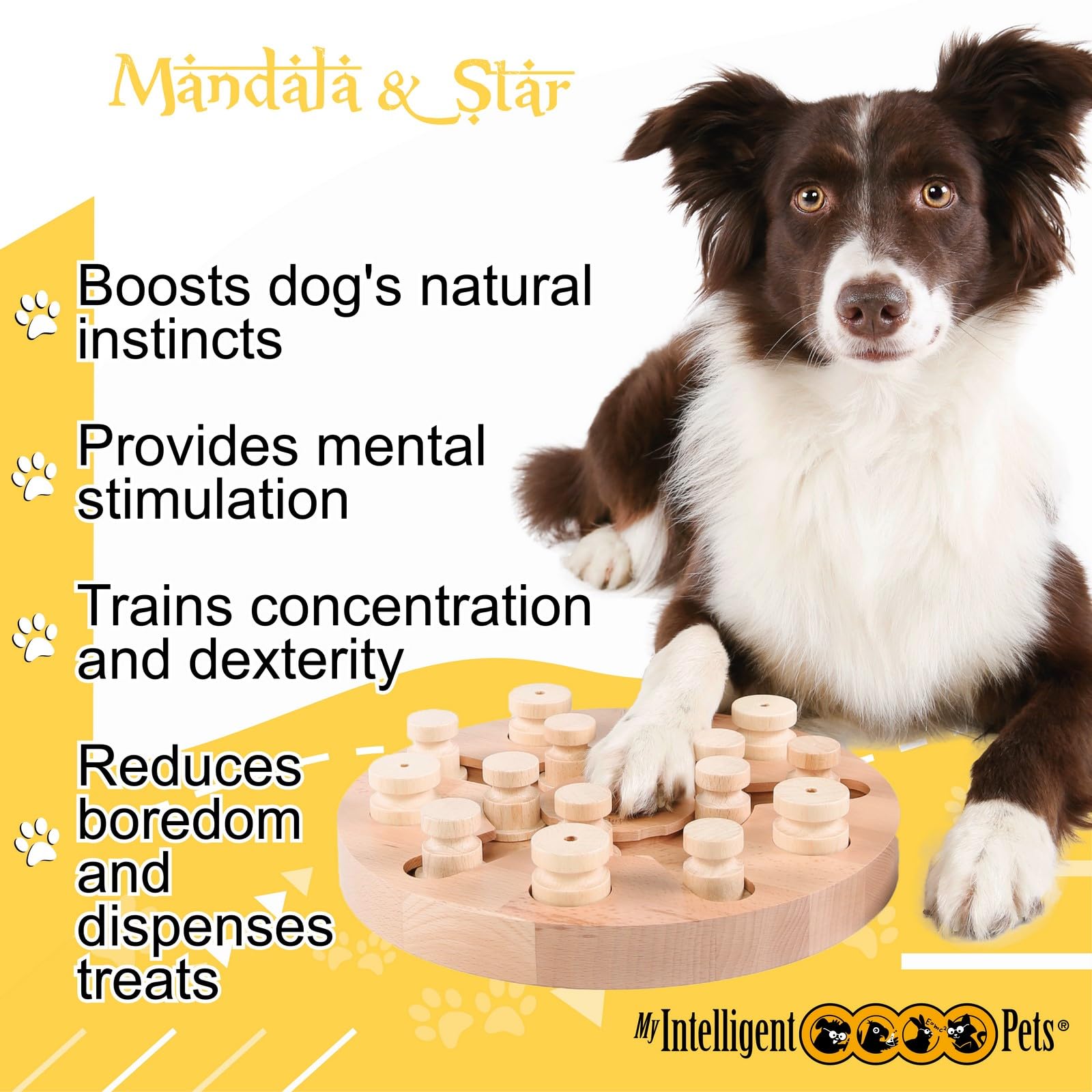 Mandala & Star Wooden Dog Chew Toy - Natural Instinct Booster, Interactive Puzzle Toy for Dogs - Perfect for Teething, Boredom Relief & Mental Stimulation