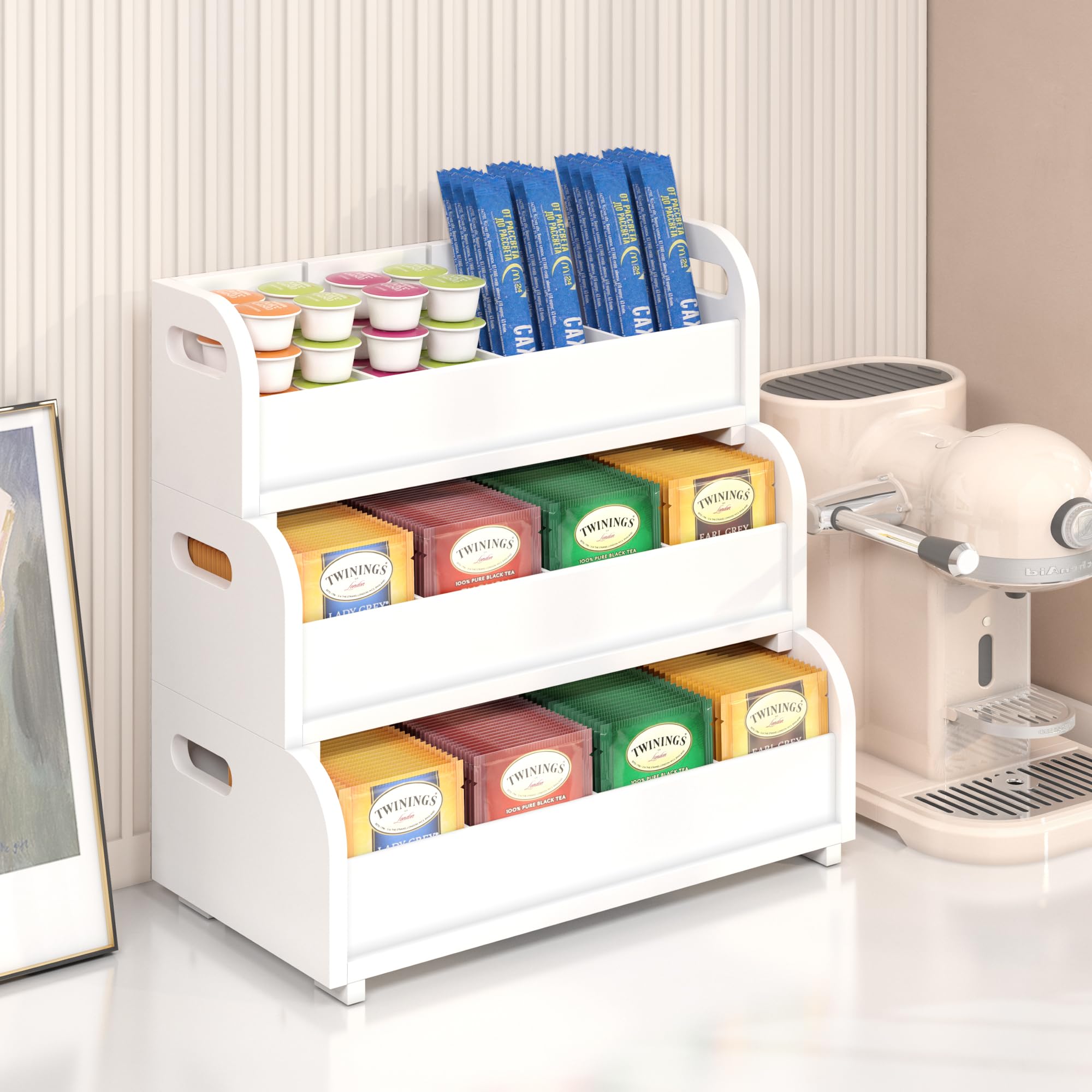 3-Tier Stackable Bamboo Tea Bag Organizer - Wall Mount Tea Storage Box for Kitchen, Pantry & Office - Large Capacity White Tea Holder for Tea Bags (Perfect for Organizing Loose Leaf Tea & Tea Bags in Home & Workspaces)
