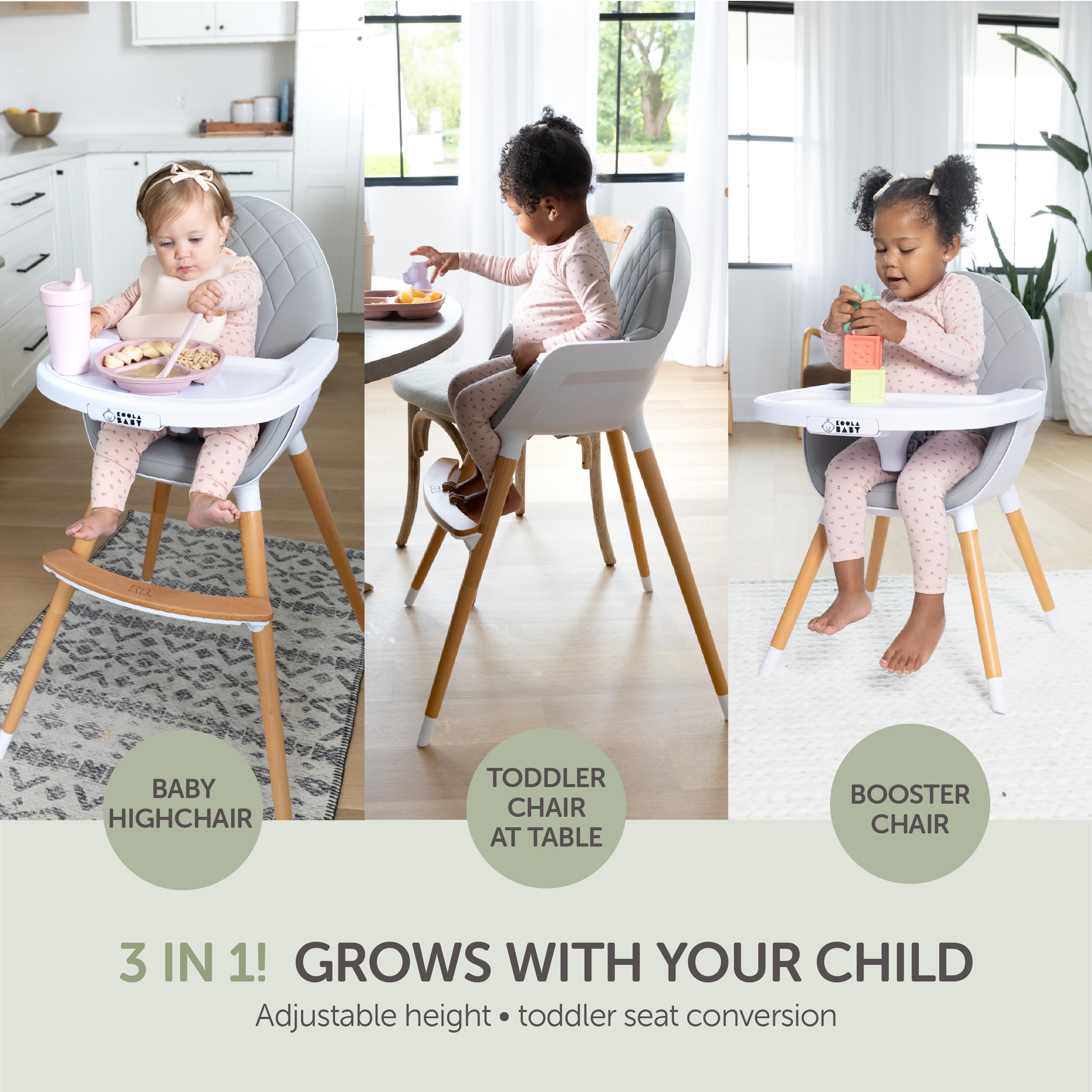 KoolaBaby Convertible Wooden High Chair for Babies & Toddlers - Adjustable Height, Dishwasher Safe Tray - Wooden Feeding & Dining Chair Converts to Booster Seat - Perfect for Home, Kitchen & Restaurant Use