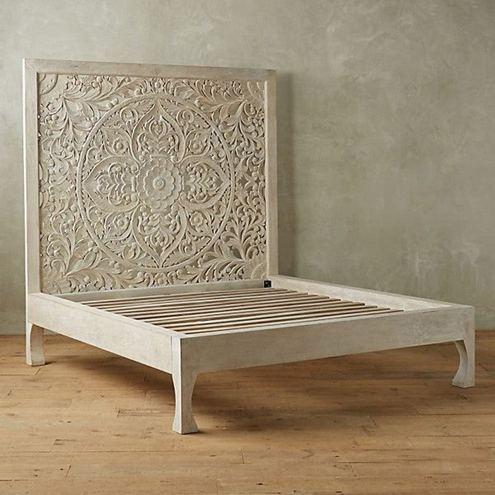 Hand Carved Indian Solid Wooden Bed Frame - White | Dynasty | Elegant & Durable Bedroom Furniture for Home Decor