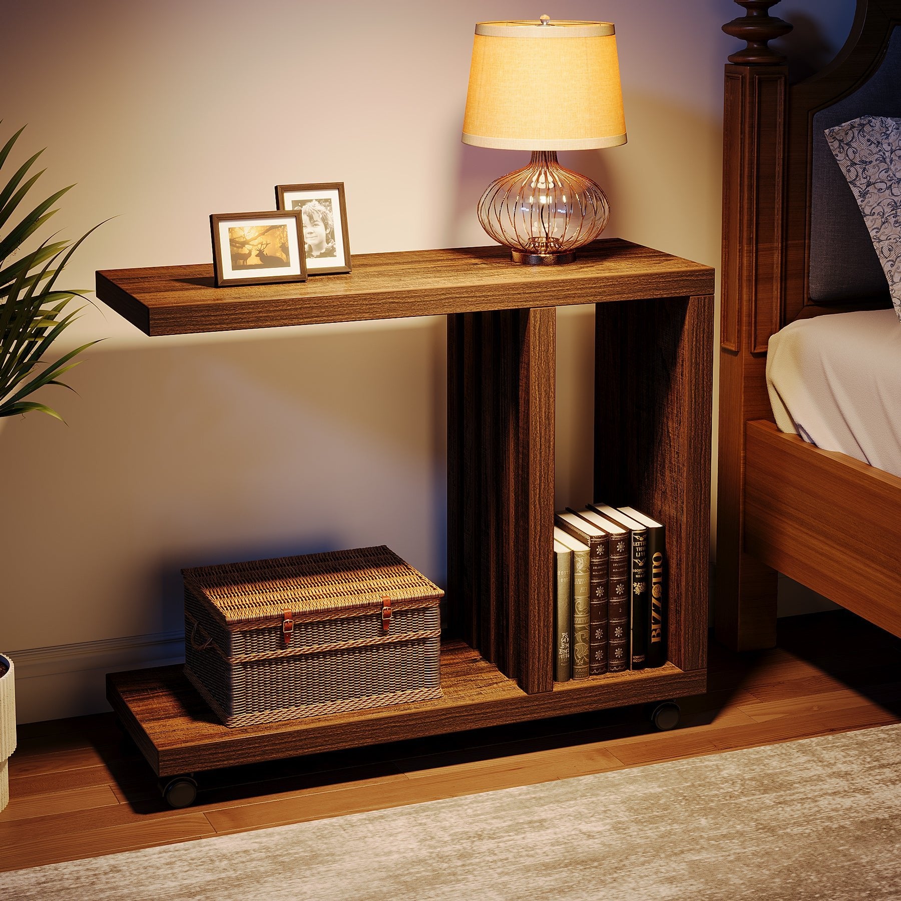 2 Tier C-Shaped End Table with Lockable Wheels - Modern Wood Side Table for Living Room, Bedroom & Office - Perfect for Small Spaces, Nightstand, or Extra Storage