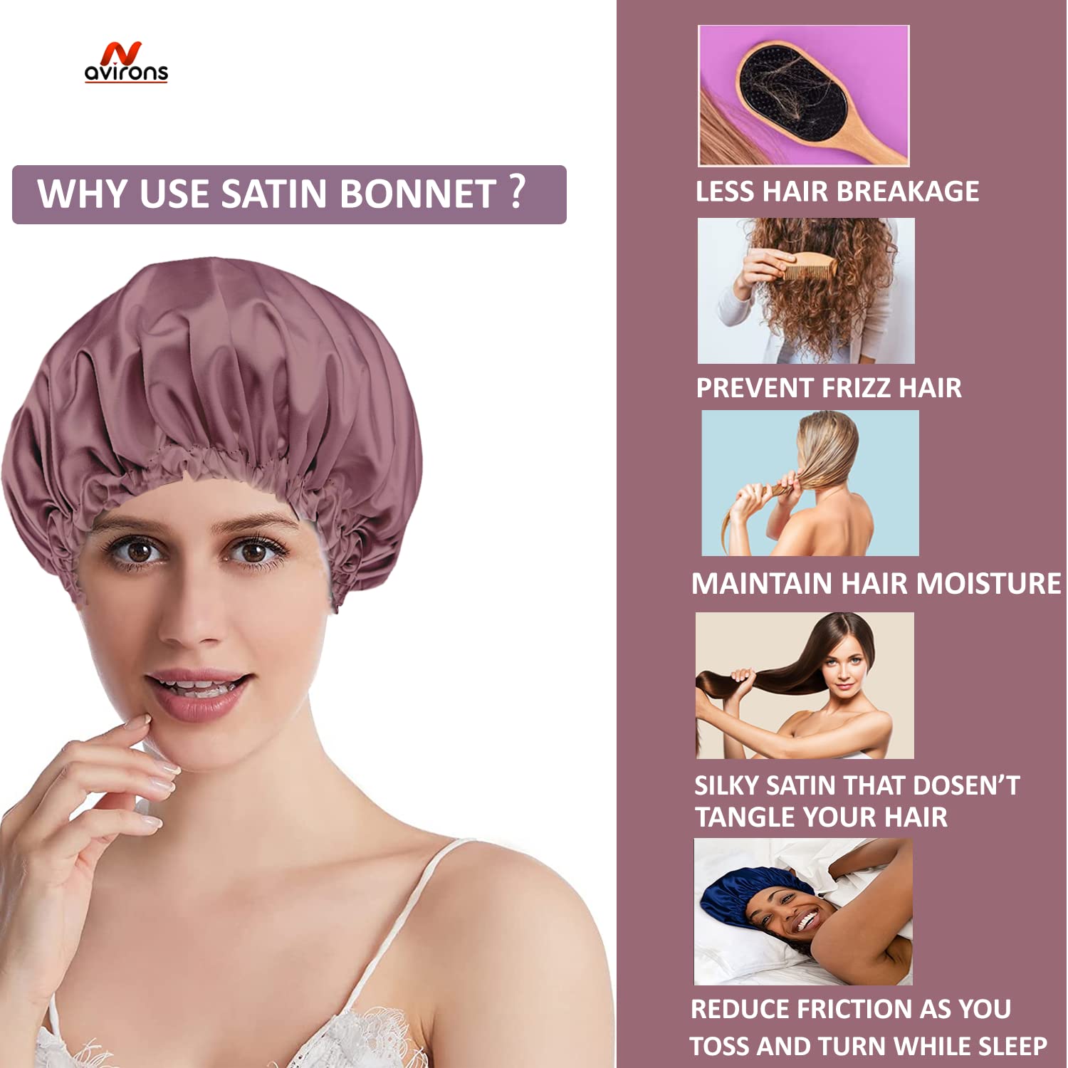 Avirons Reversible Silk Satin Sleep Bonnet with Adjustable Eye Mask | Pure Satin Hair Cap for Women & Girls | Soft Sleeping Bonnet for Curly, Natural & Protective Hairstyles | Perfect for Nighttime Hair Care & Travel Accessories
