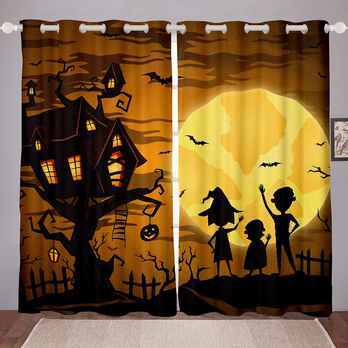 Halloween Window Curtains - Cartoon Castle Moon Witch Decor, Ghost Festival Theme Drapes for Bedroom, 2 Panel Set with Steel Grommet Top, 76W x 45L Inches, Blackout Microfiber Fabric - Perfect for Spooky Home Decor, Party & Holiday Atmosphere