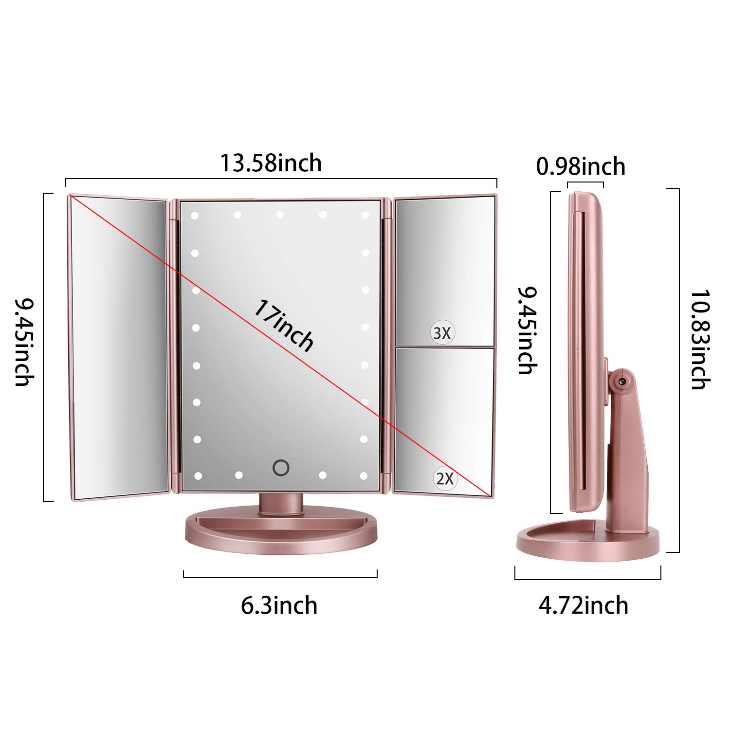 **Dewisn Lighted Vanity Makeup Mirror with 3X/2X/1X Magnification, 21 LED Lights, Touch Screen Dimmable, Dual Power Supply - Rose Gold | Perfect for Home, Travel & Professional Makeup Application**