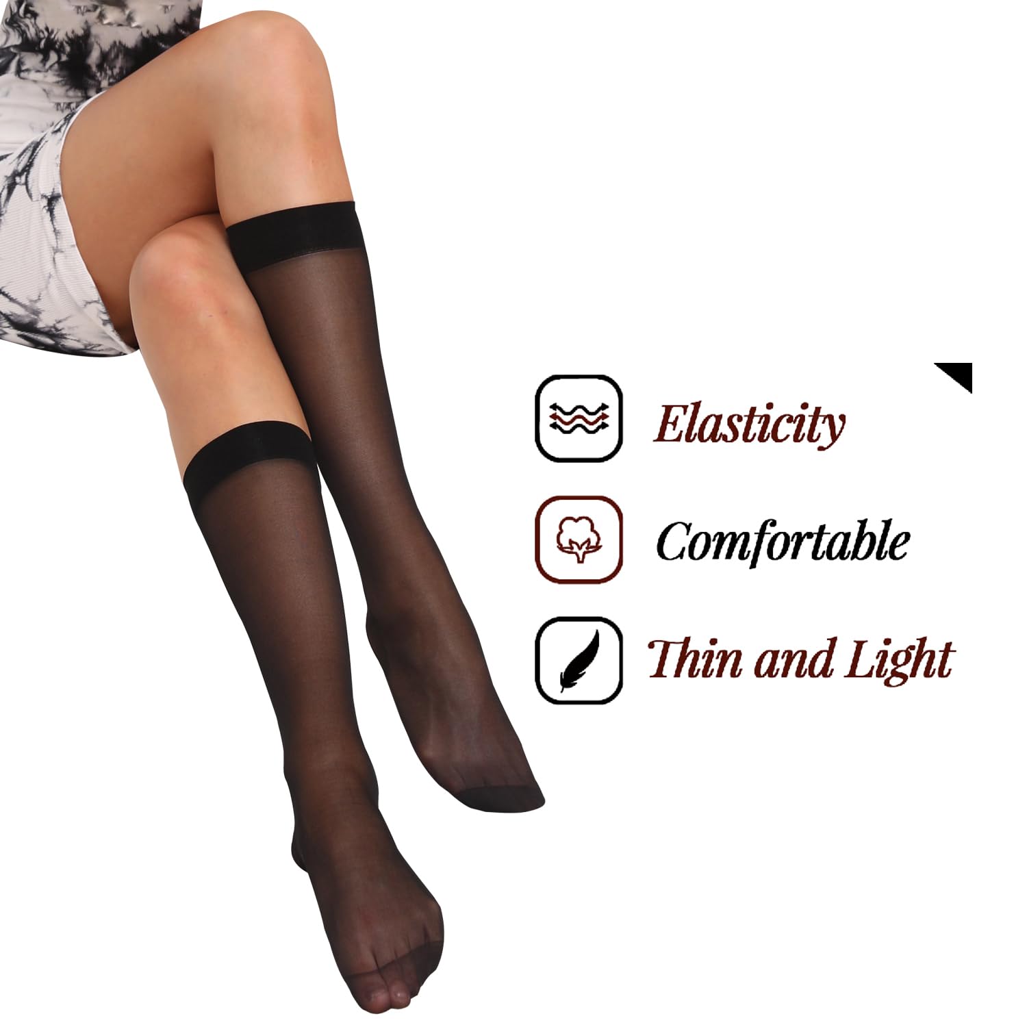 6 Pairs Women's Knee High Stockings - 20 Denier Nylon Sheer Socks with Reinforced Toe (Black & Nude, One Size) - Perfect for Office, Dress & Everyday Wear