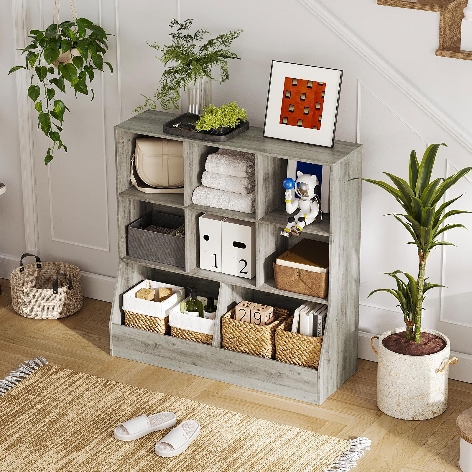 DINZI LVJ Wooden Toy Storage Organizer & Kids Bookshelf - 8-Cubby Bookcase for Toys & Books - Gray Wash 35.4