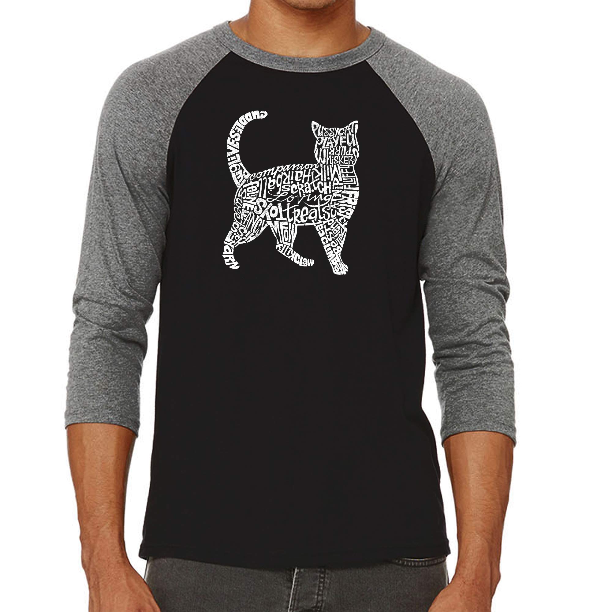 LA POP ART Men's Raglan Baseball Word Art Graphic T-Shirt - Cat Lover Tee for Casual Wear & Street Style