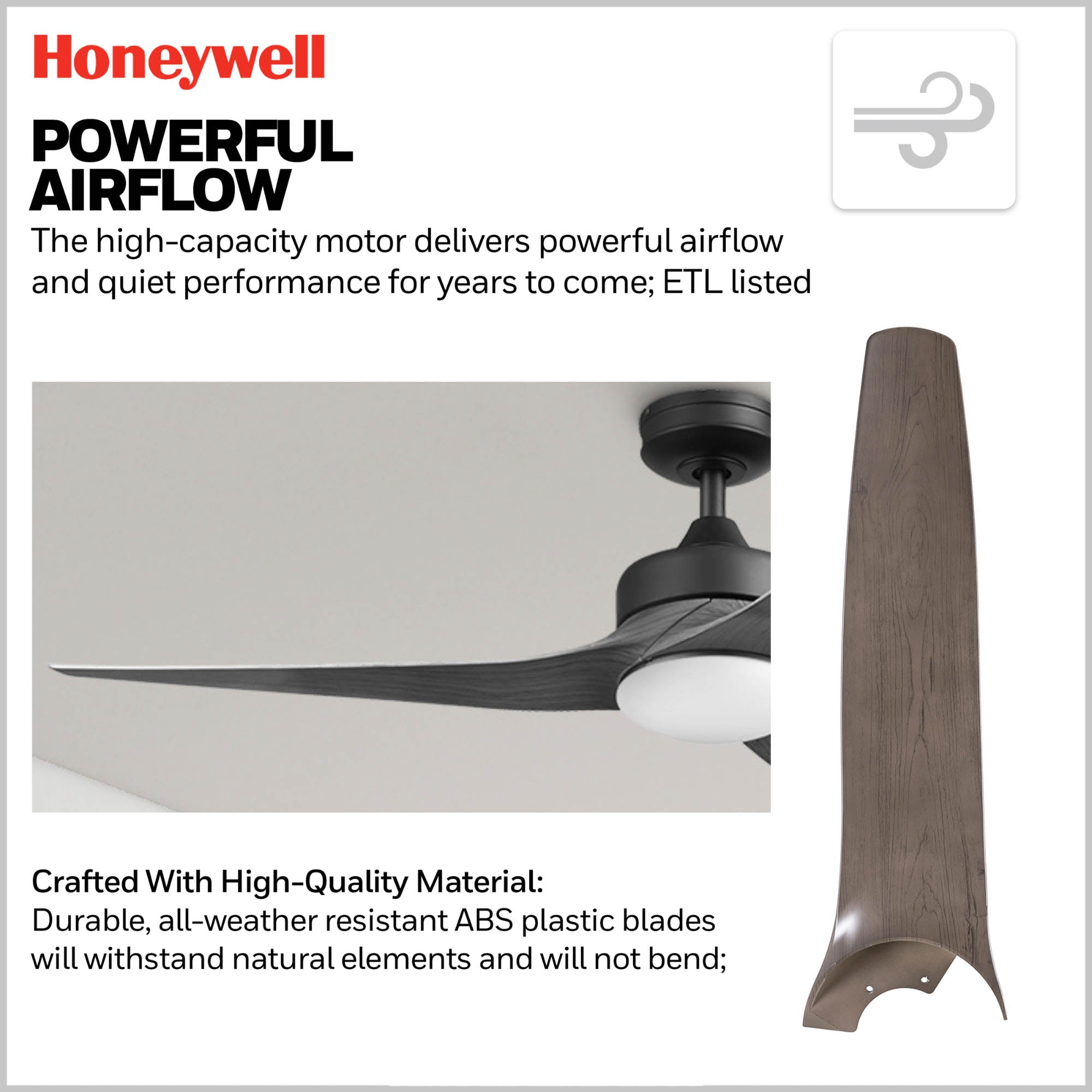 52 Inch Honeywell Lynton Ceiling Fan with Light Kit and Remote Control - Matte Black/Brown Finish - Perfect for Living Room, Bedroom, and Outdoor Covered Patio