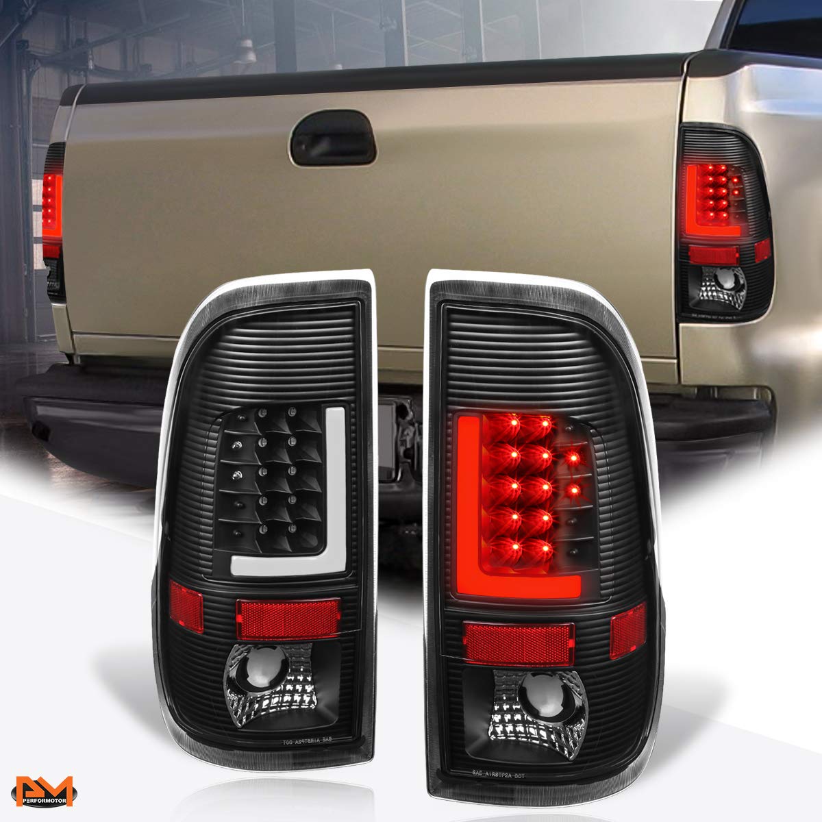 PM PERFORMOTOR L-Shape 3D LED Tail Lights Brake Lamps Assembly for 1997-2007 Ford F250 F350 F450 F550 Super Duty - Black Housing & Clear Lens - Enhanced Visibility & Style for Trucks & Off-Road Adventures