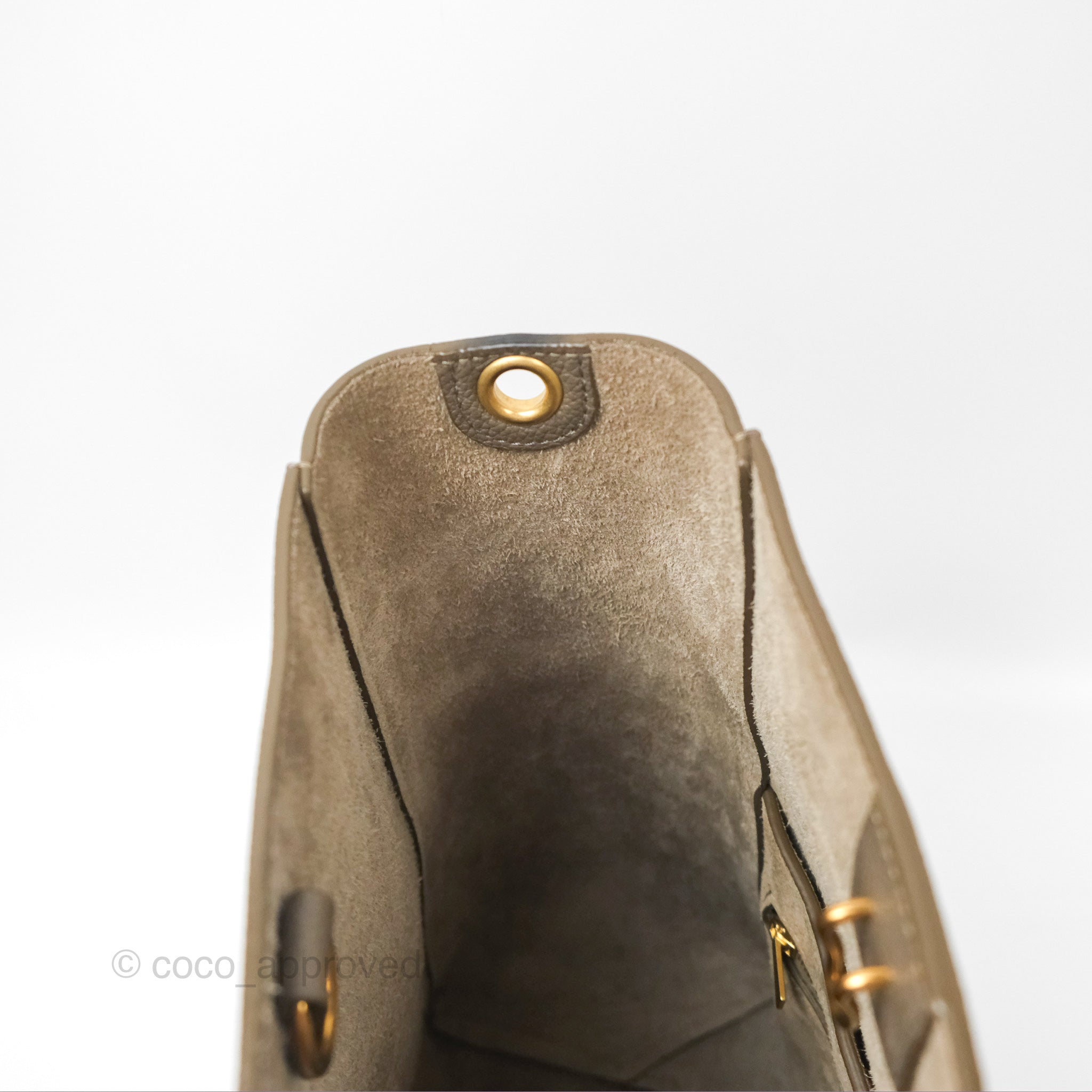 Celine Small Sangle Bucket Bag in Taupe Grained Calfskin with Gold Hardware - Perfect for Work, Travel & Everyday Luxury