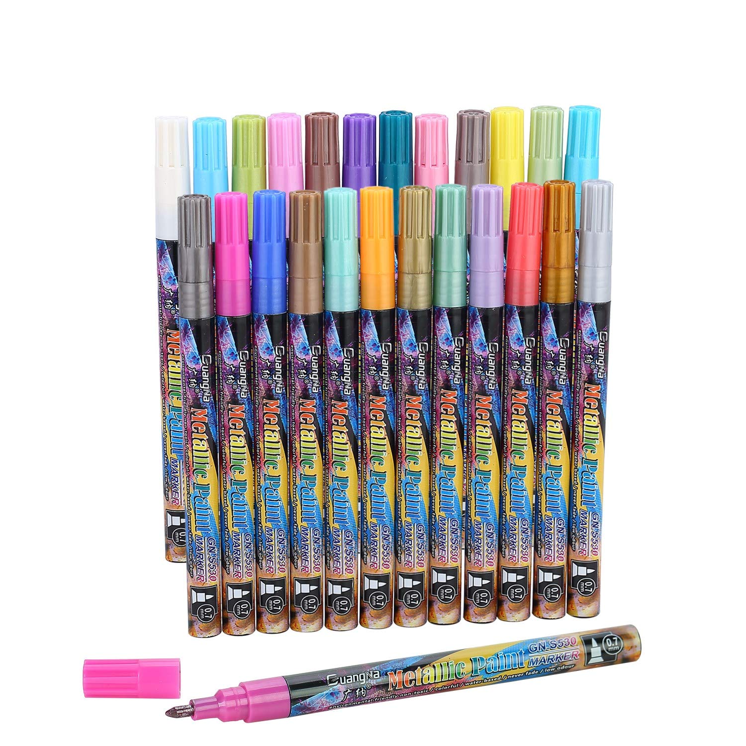 Ubefond 24 Colors Metallic Marker Pens Set - Dual Tip (0.7mm Fine & 2mm Broad) for Art, DIY Projects - Perfect for Card Making, Rock Painting, Wood Decor, Glass Art & Scrapbooking | Vibrant Permanent Paint Markers for Creative Drawing & Crafting