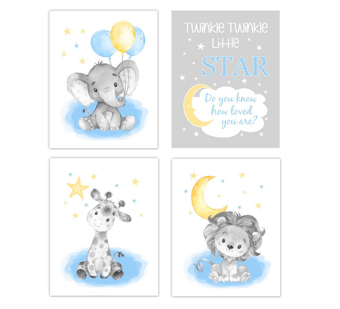 Baby Boy Nursery Wall Art - Elephant, Giraffe & Lion Safari Animal Prints (Set of 4 Unframed) | Twinkle Little Star Theme | Perfect for Jungle-Themed Nursery Decor & Baby Shower Gifts
