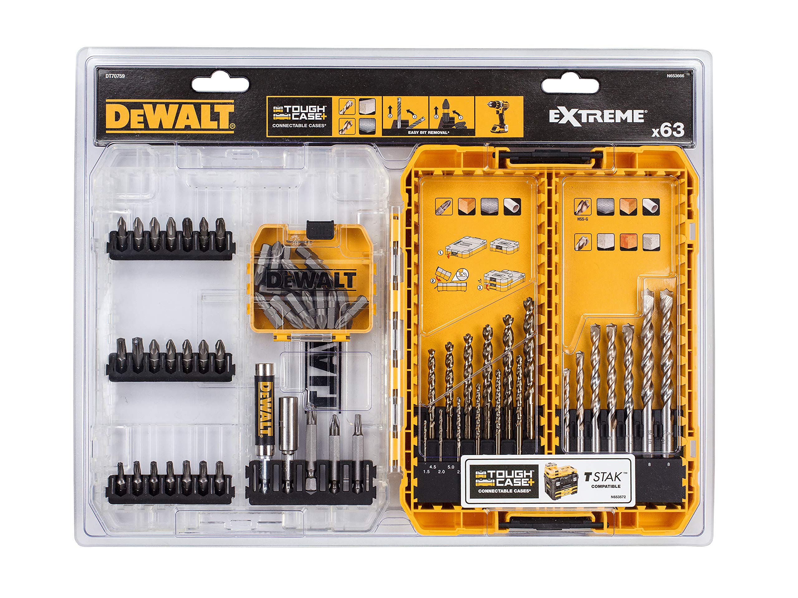DT70759 63-Piece Mixed Drill & Bit Set for Wood, Metal, and Masonry - Perfect for DIY Projects, Home Repairs, and Professional Use