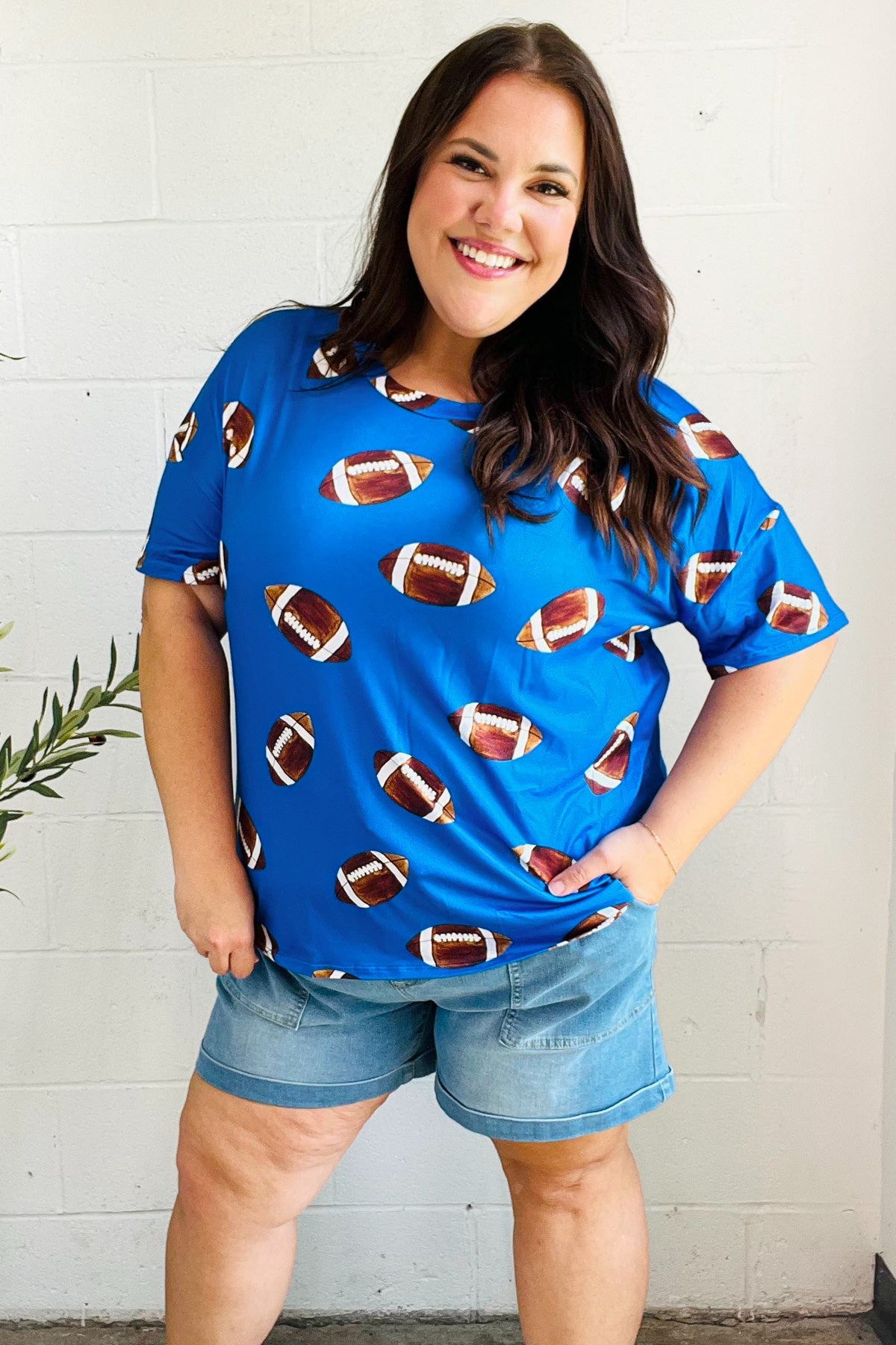 Game Day Blue Football Print Knit Top - Comfortable Sports Fan Tee for Women - Perfect for Football Games, Tailgating & Casual Wear