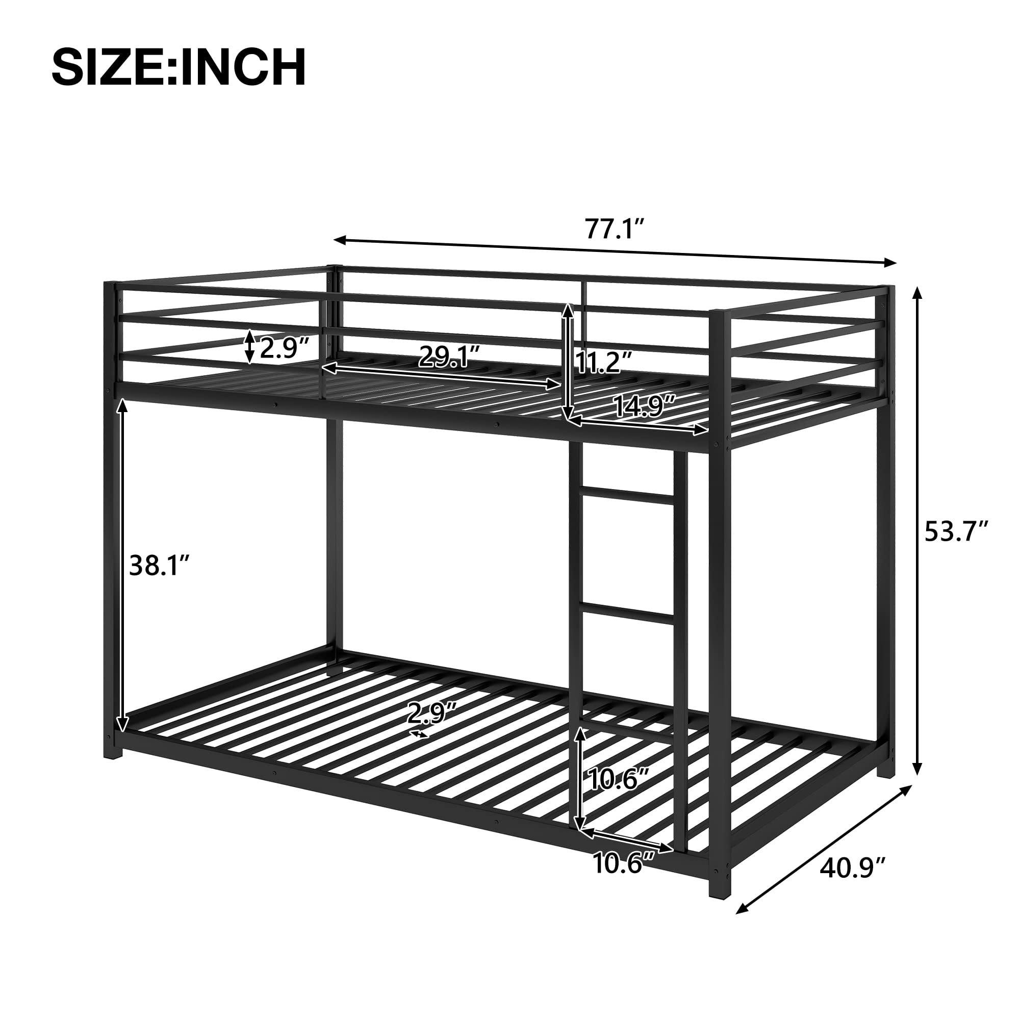 Sturdy Metal Twin Over Twin Bunk Bed Frame with Safety Guard Rails & Ladder - Heavy Duty Bunk Bed for Kids, Teens & Adults - No Box Spring Needed (Black) - Perfect for Small Spaces, Dorms, Guest Rooms & Kids' Bedrooms