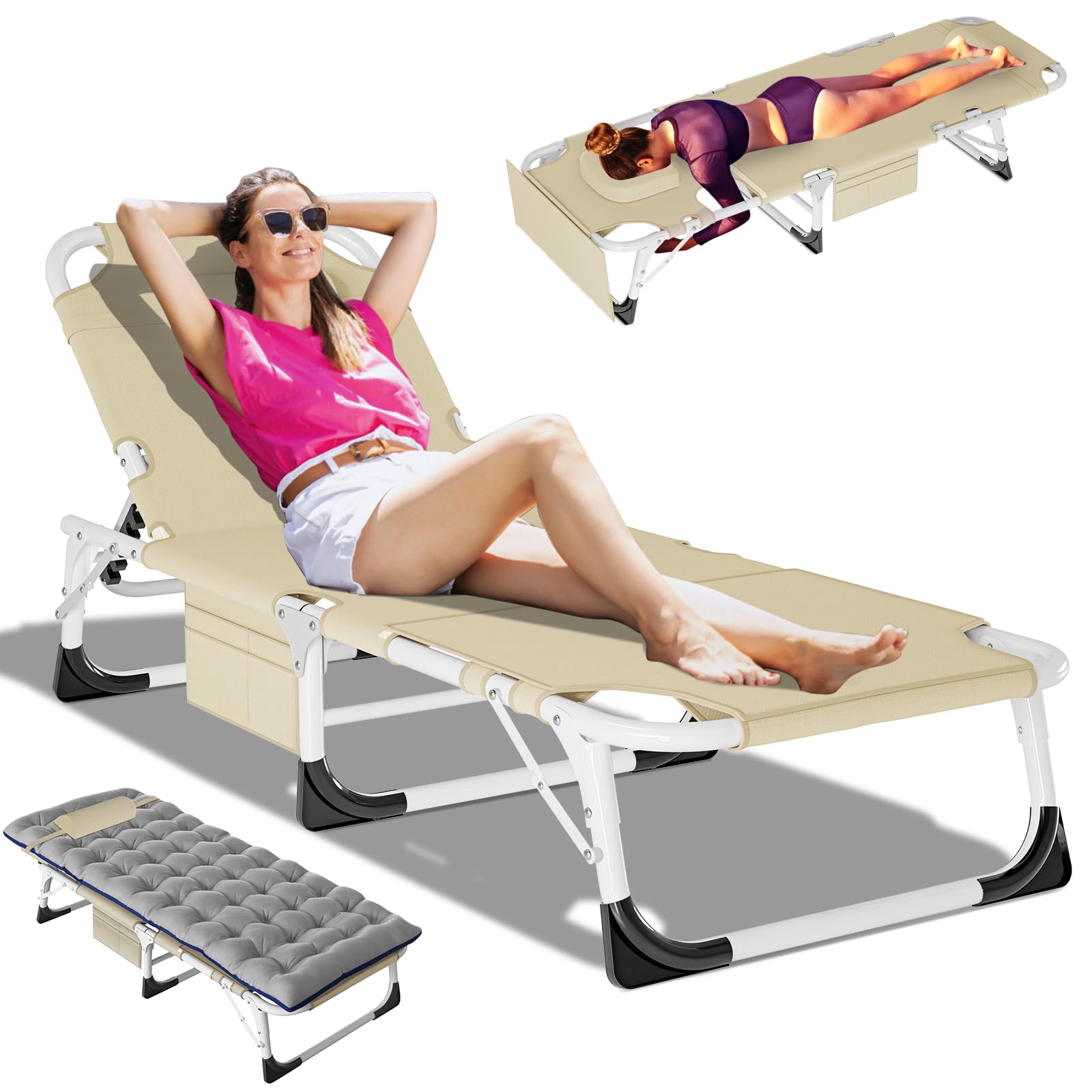 DoCred Heavy Duty Tanning Chair with Face Hole - Adjustable 5-Position Folding Chaise Lounge for Outdoor, Beach, Pool & Camping | Portable Sunbathing Chair for Backyard, Lawn & Travel | Perfect for Relaxing, Tanning & Lounging