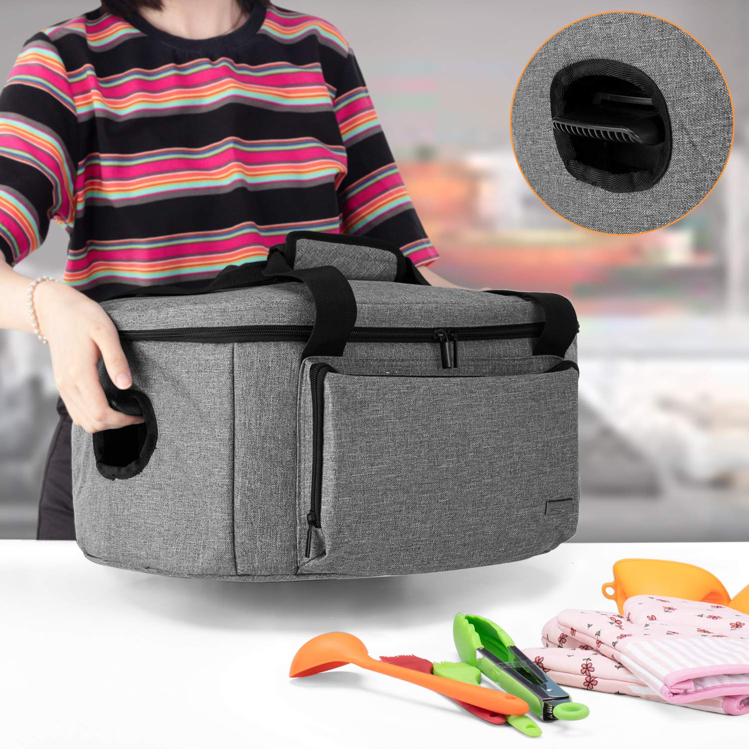 LUXJA Insulated Slow Cooker Bag with Bottom Pad & Lid Straps - Portable Thermal Carrier for 6-8 Quart Oval Slow Cookers (Gray) | Perfect for Potlucks, Picnics & Keeping Meals Warm at Parties