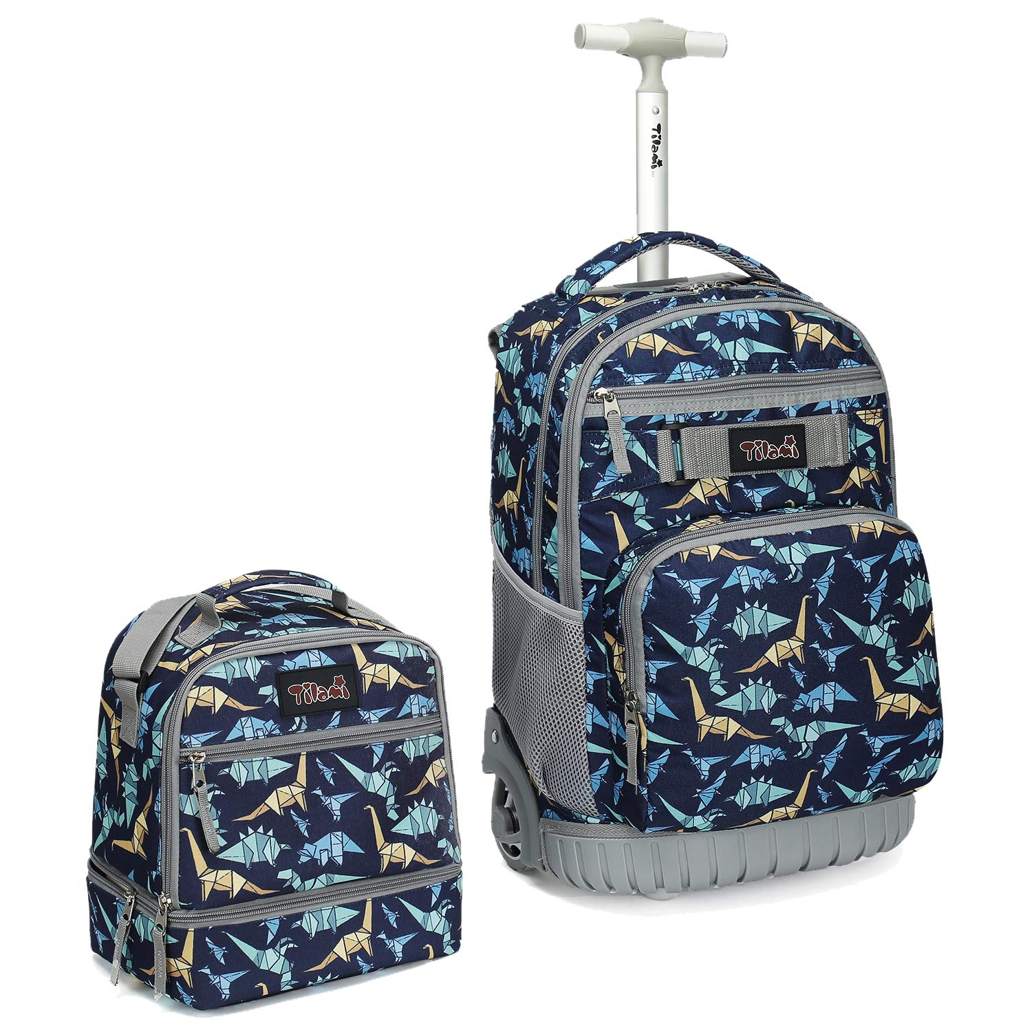 Tilami 19 Inch Rolling Backpack with Lunch Bag - Wheeled Laptop Backpack for School, Travel & Work - Dinosaur Print Design for Kids & Teens - Perfect for Commuting, Air Travel & Daily Use