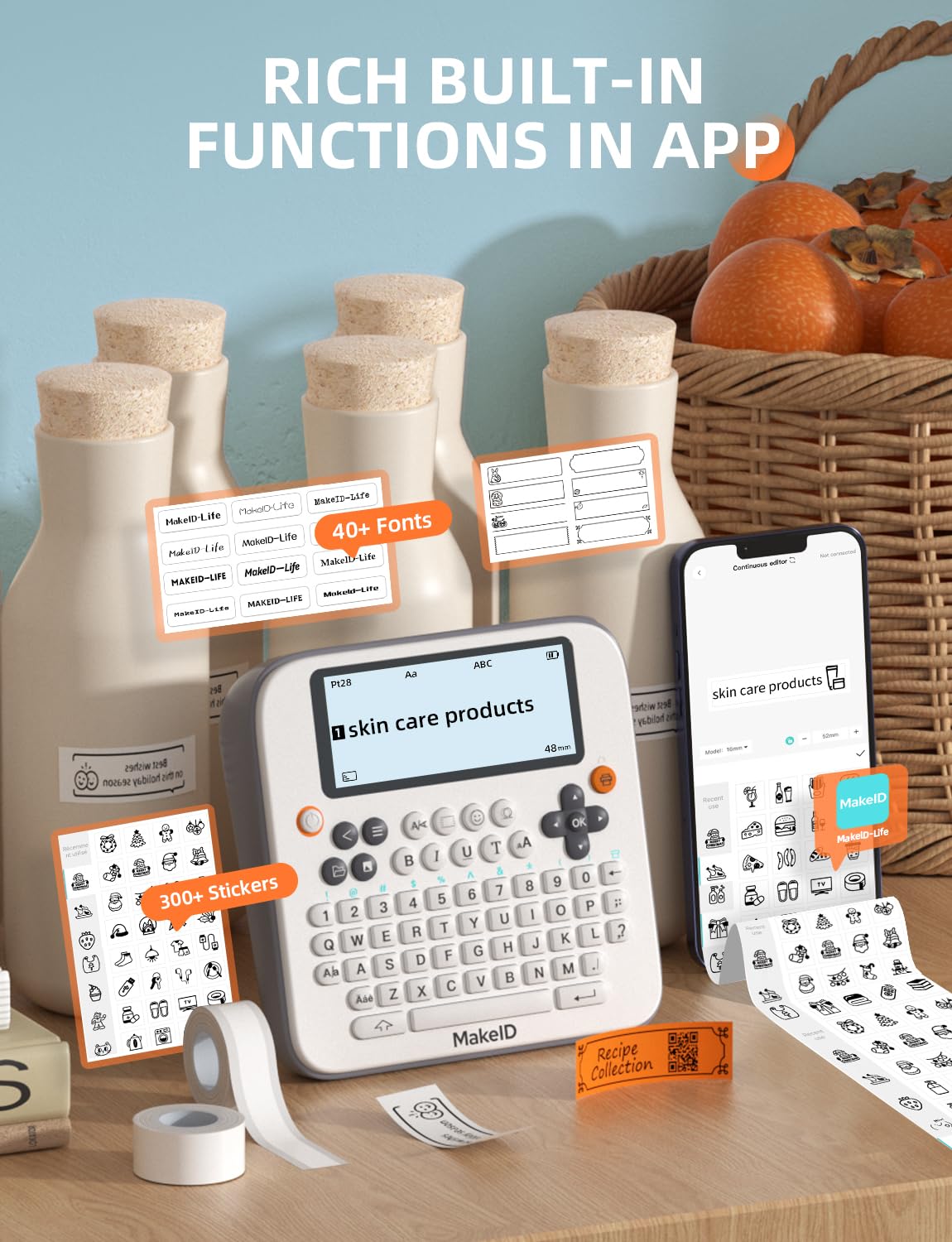 Makeid E1 Bluetooth Label Maker - Rechargeable QWERTY Keyboard Label Printer with 3.4