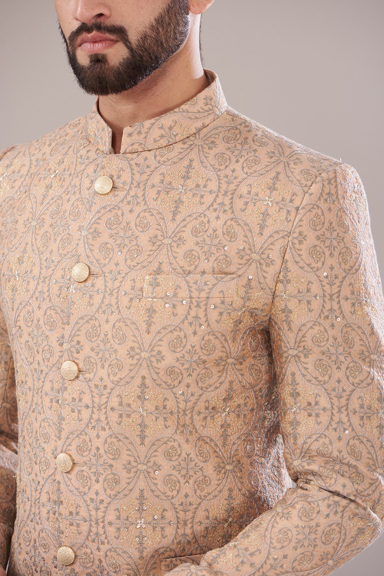 Elegant Mud Peach Chanderi Embroidered Bandhgala Jacket for Men | Traditional Indian Formal Wear | Perfect for Weddings, Parties & Special Occasions