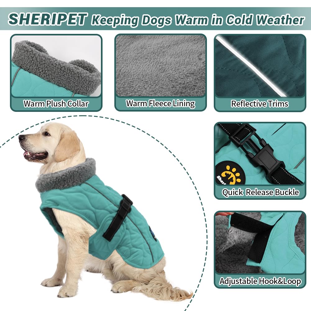 Warm Fleece Dog Winter Coat - Adjustable Dog Jacket with Nylon Buckle & Reflective Strips for Small, Medium & Large Dogs | Dark Turquoise | Perfect for Cold Weather Walks, Outdoor Adventures & Nighttime Safety