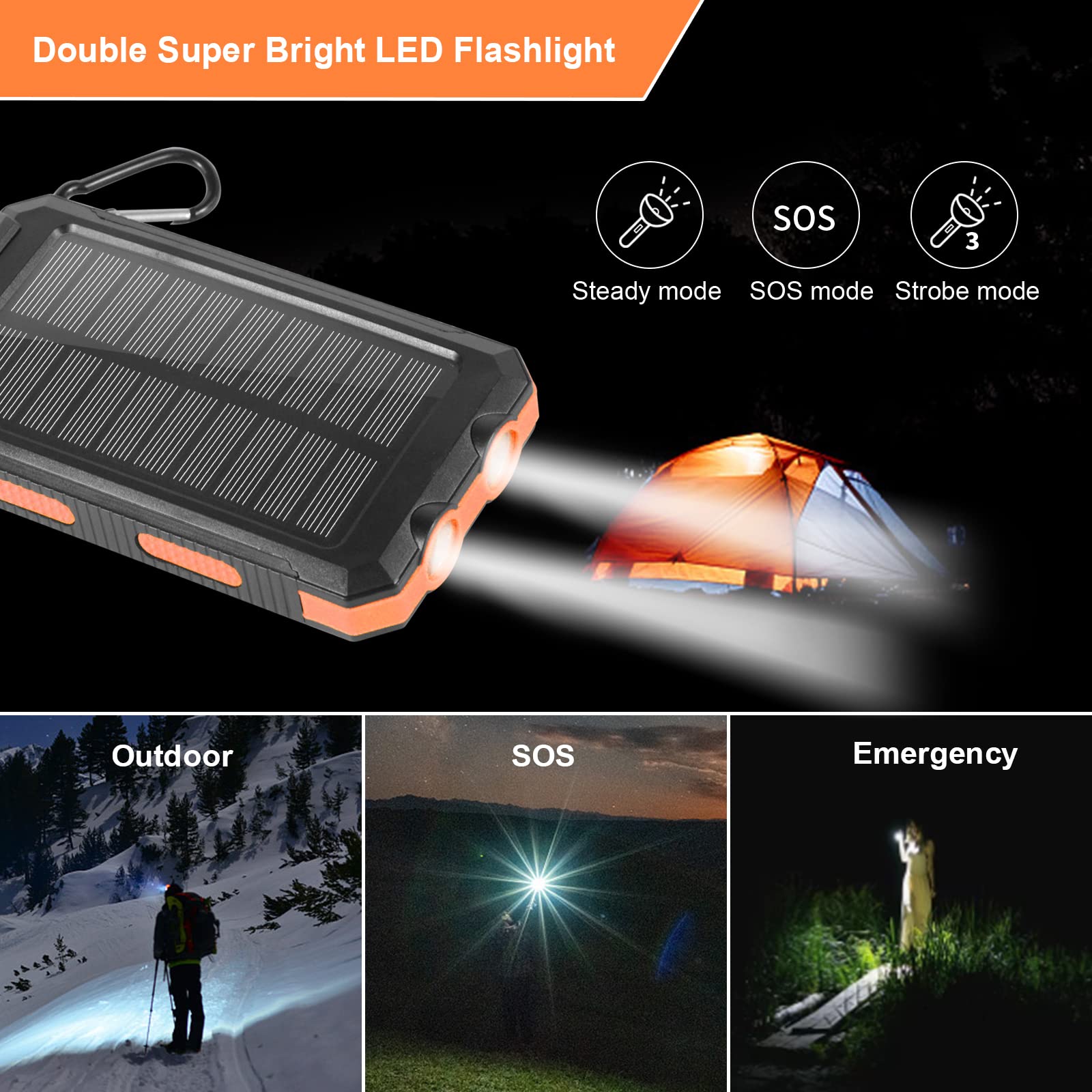 Annero 20000mAh Solar Power Bank - Waterproof Portable Solar Phone Charger with Dual USB Ports & LED Flashlight | Compatible with iPhone, Android & USB Devices | Perfect for Camping, Hiking & Emergency Power Backup