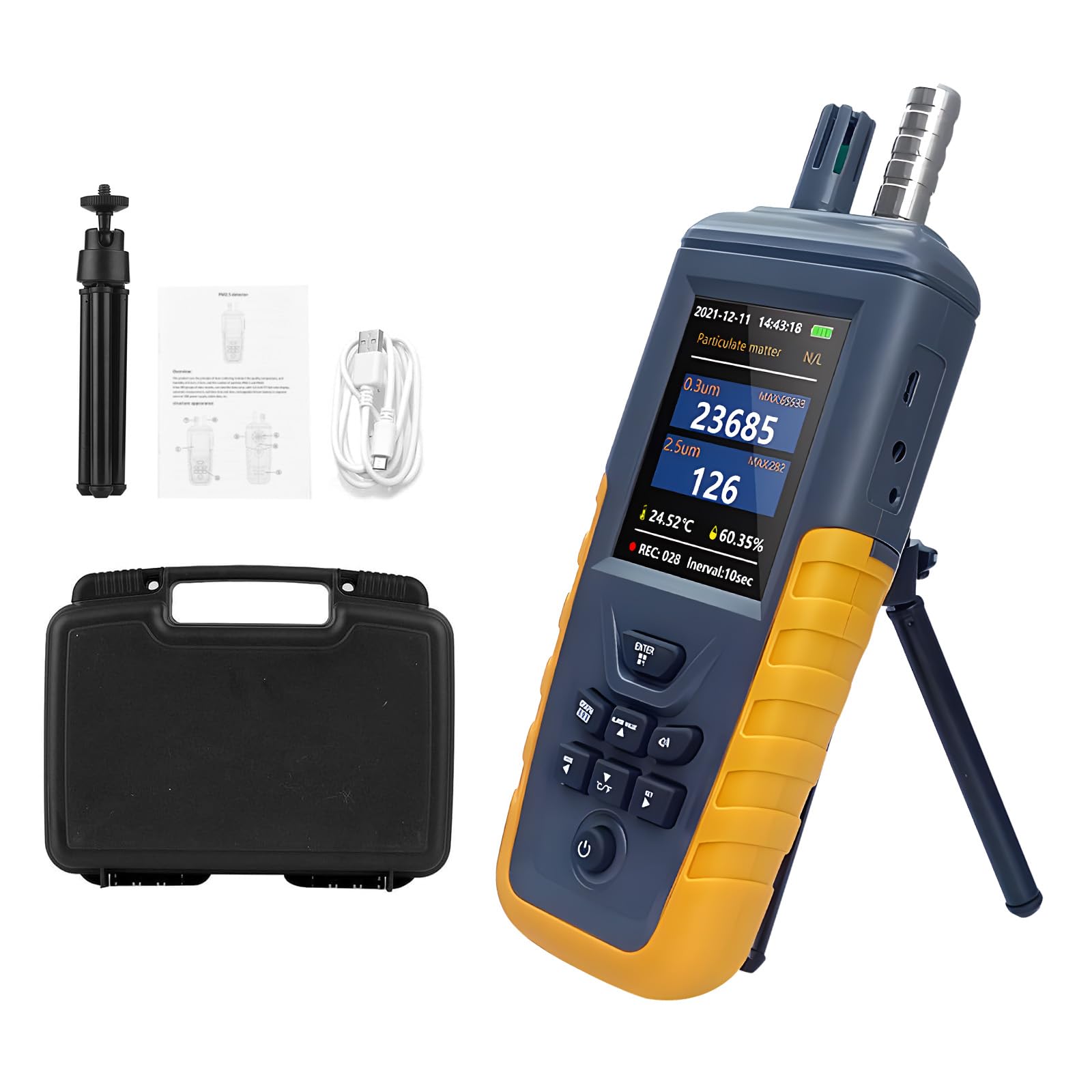 **Air Quality Monitor - PM0.3/2.5/10μm Particle Counter with Temperature & Humidity Sensor | High Sensitivity 3-Channel (0-1000μg/m³) | USB Rechargeable | Ideal for Home, Office & Travel**