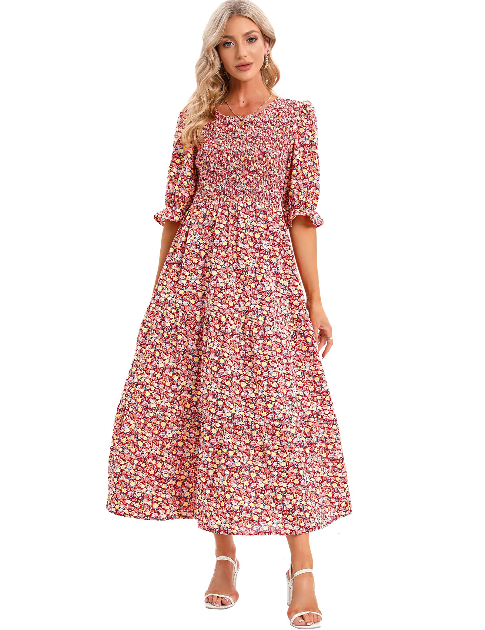 SHUQI Women's Summer Floral Maxi Dress - Casual Empire Waist Ruffle Sleeve Long Dress for Beach, Vacation & Outdoor Parties | Lightweight & Comfortable