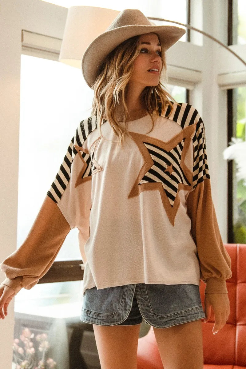 BiBi Star Patchwork Mixed Long Sleeve Top for Women - Stylish Boho Chic Blouse for Casual Wear, Date Night & Office Outfits