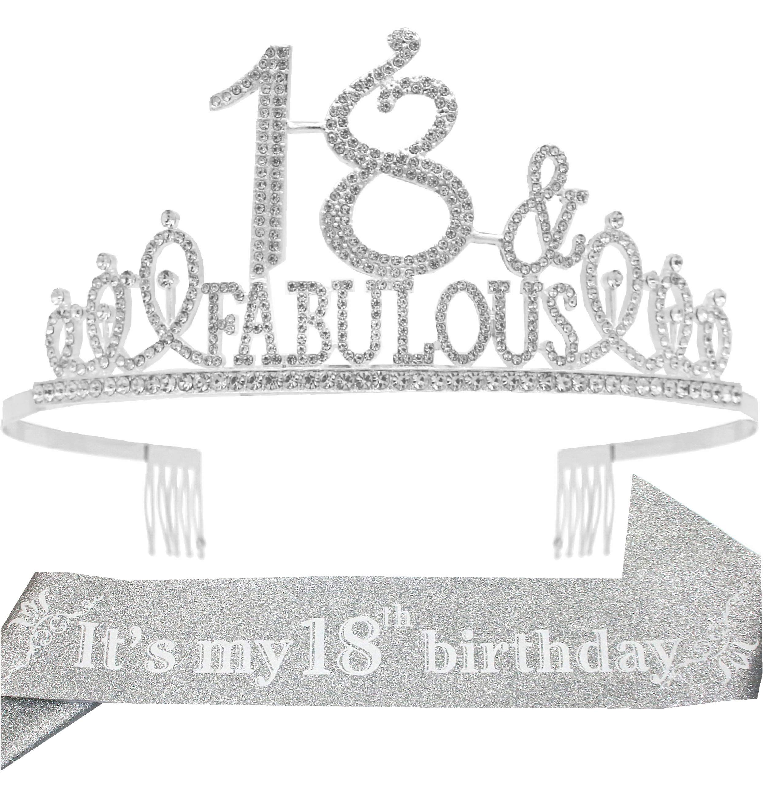 EBE EmmasbyEmma 18th Birthday Sash & Tiara Set for Women - Sparkling Glitter Sash with Rhinestone Silver Metal Tiara | Perfect 18th Birthday Gift for Women's Parties, Bachelorette & Special Celebrations
