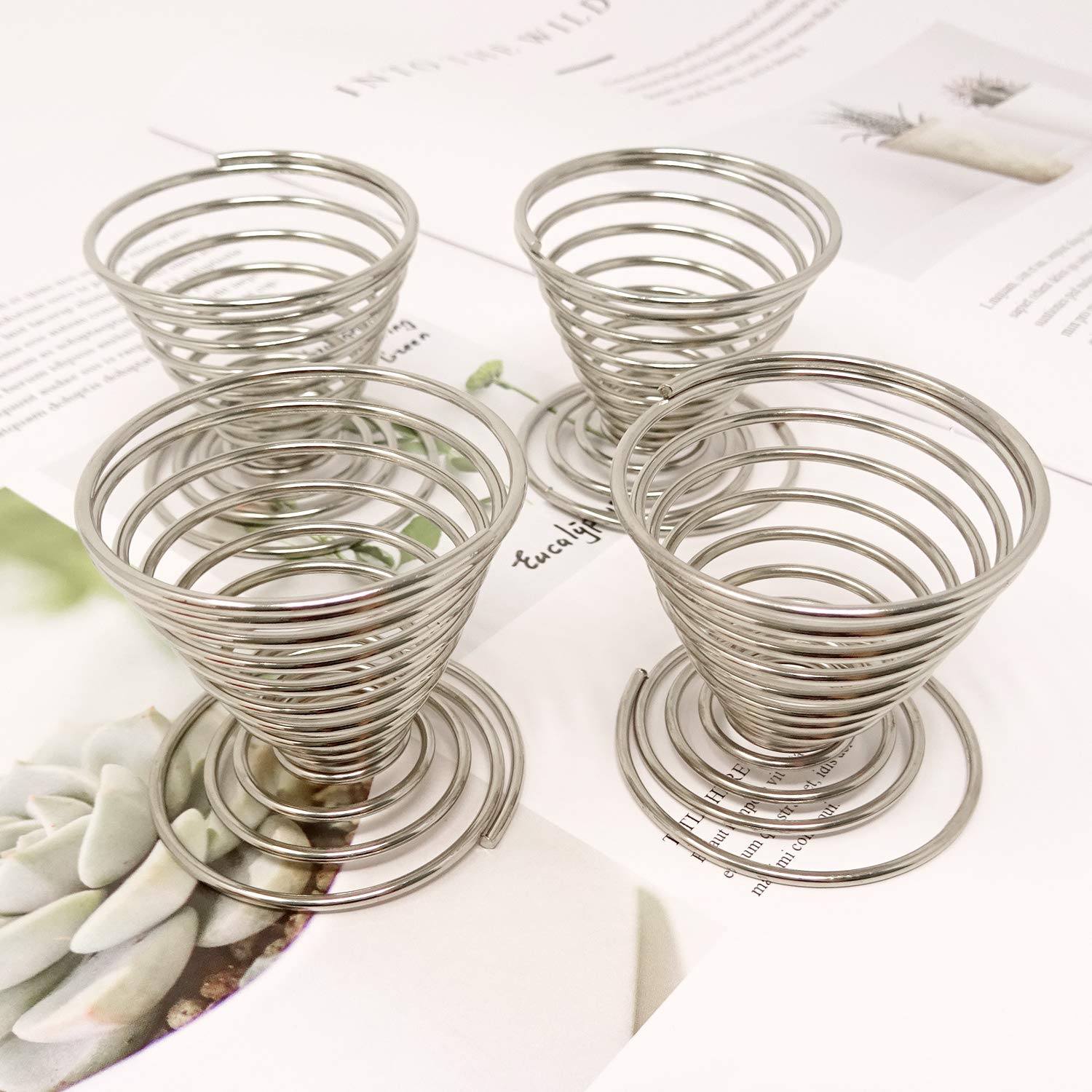 Honbay 4PCS Stainless Steel Spring Wire Egg Cups Holder - Silver Egg Tray for Serving, Baking & Kitchen Organization - Perfect for Breakfast, Brunch & Party Food Display