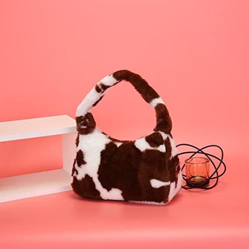 Women's Fluffy Faux Fur Cow Print Shoulder Bag - Stylish Clutch Purse with Zipper Closure, Underarm Handbag & Satchel Tote for Parties, Date Night and Casual Outings