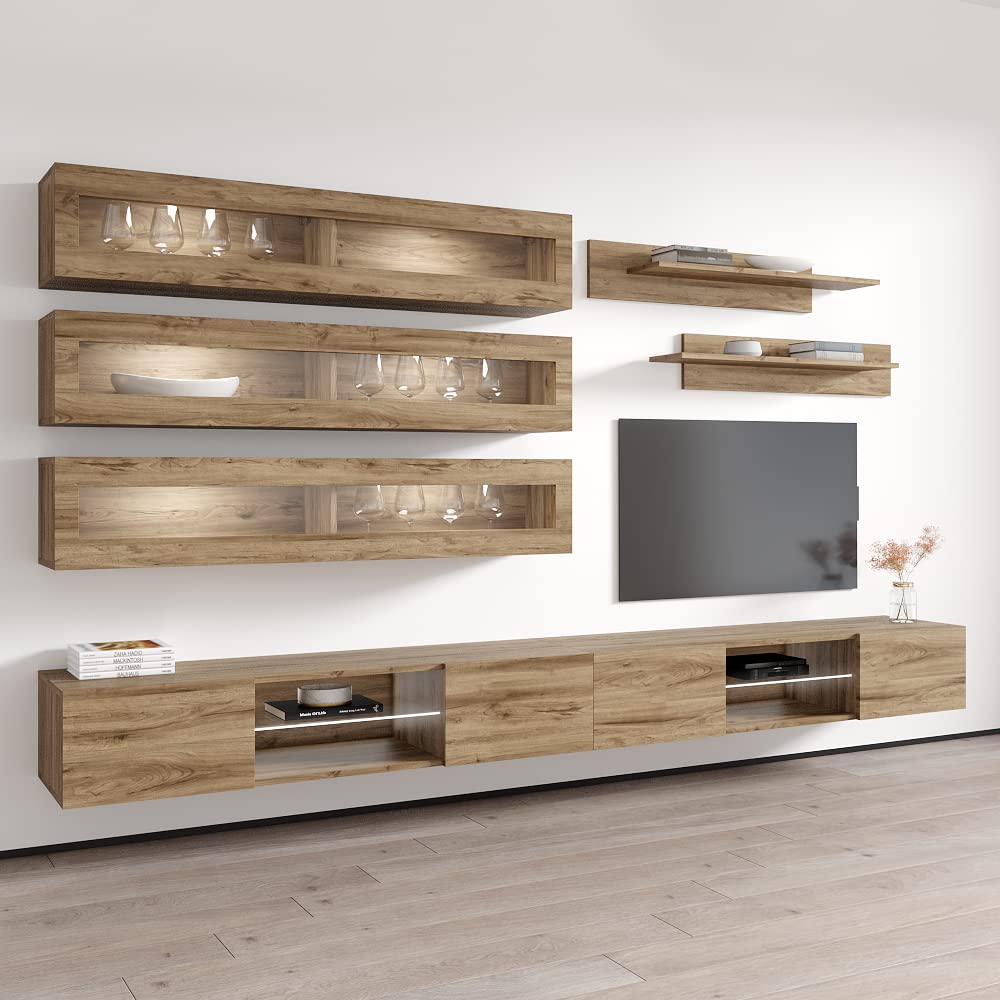 Modern Floating TV Stand with Storage & LED Lights - Wall-Mounted Entertainment Center for Bedroom & Living Room - Oak Wood TV Console with Shelves - Perfect for Small Spaces & Home Theater Setup