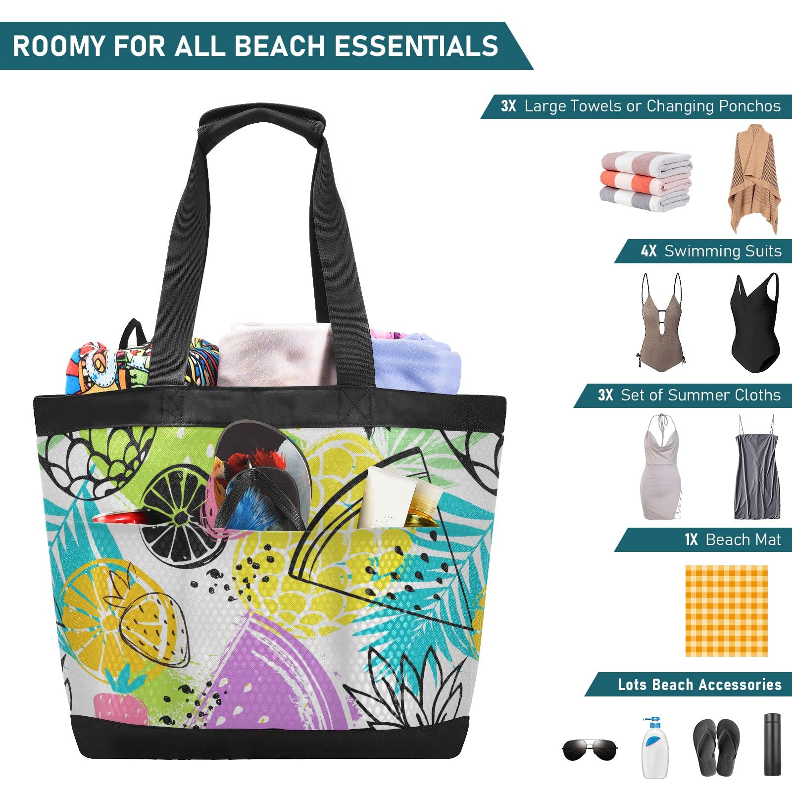J JOYSAY Large Water-Resistant Mesh Beach Tote Bag with Pineapple Illustration - Perfect for Women's Beach Trips, Work, Training & Hiking | Durable & Stylish Carryall for Summer Travel, Gym & Outdoor Activities