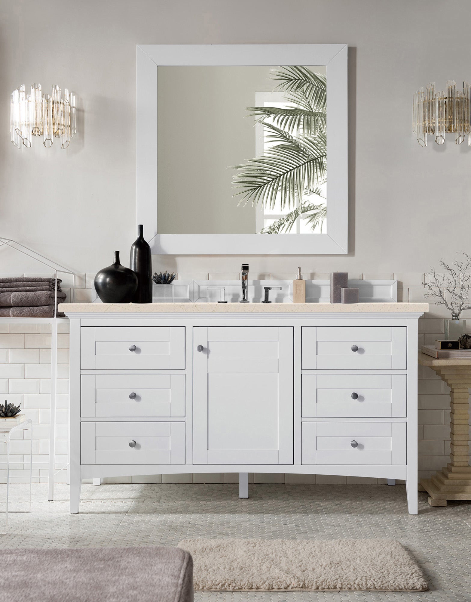 Palisades 60 Inch Single Bathroom Vanity with 3CM Eternal Marfil Quartz Countertop in Bright White - Perfect for Modern Master Bathrooms & Guest Baths