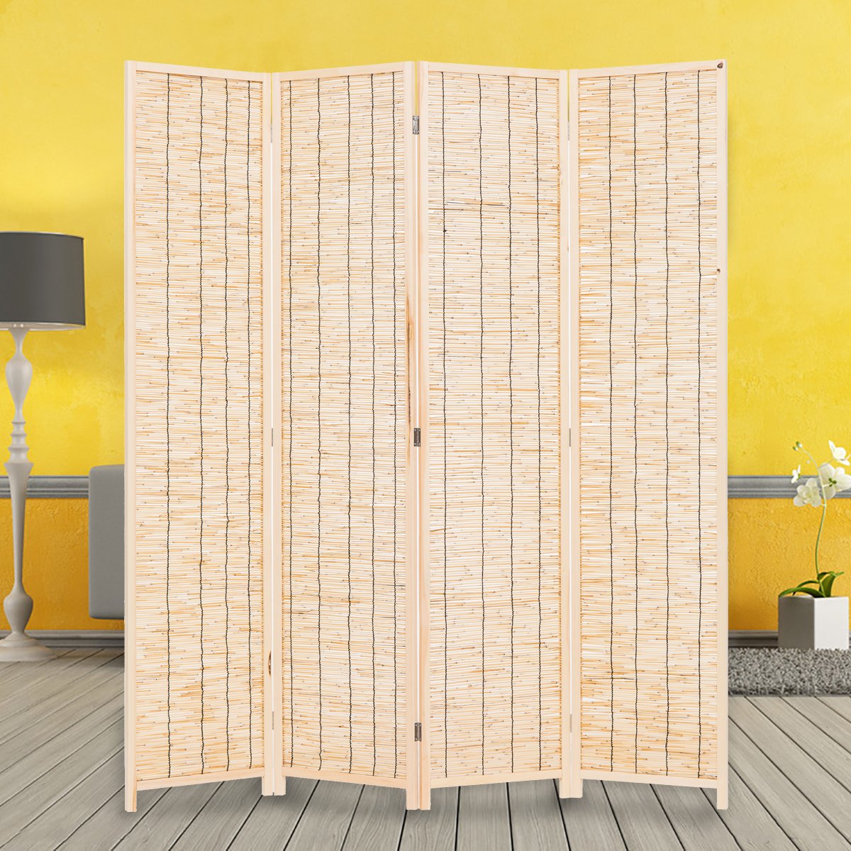 THY COLLECTIBLES 4-Panel Wooden Room Divider - Freestanding Woven Reed Privacy Screen with Hinged Folding Design (Natural Finish) | Perfect for Home Office, Living Room & Bedroom Partition