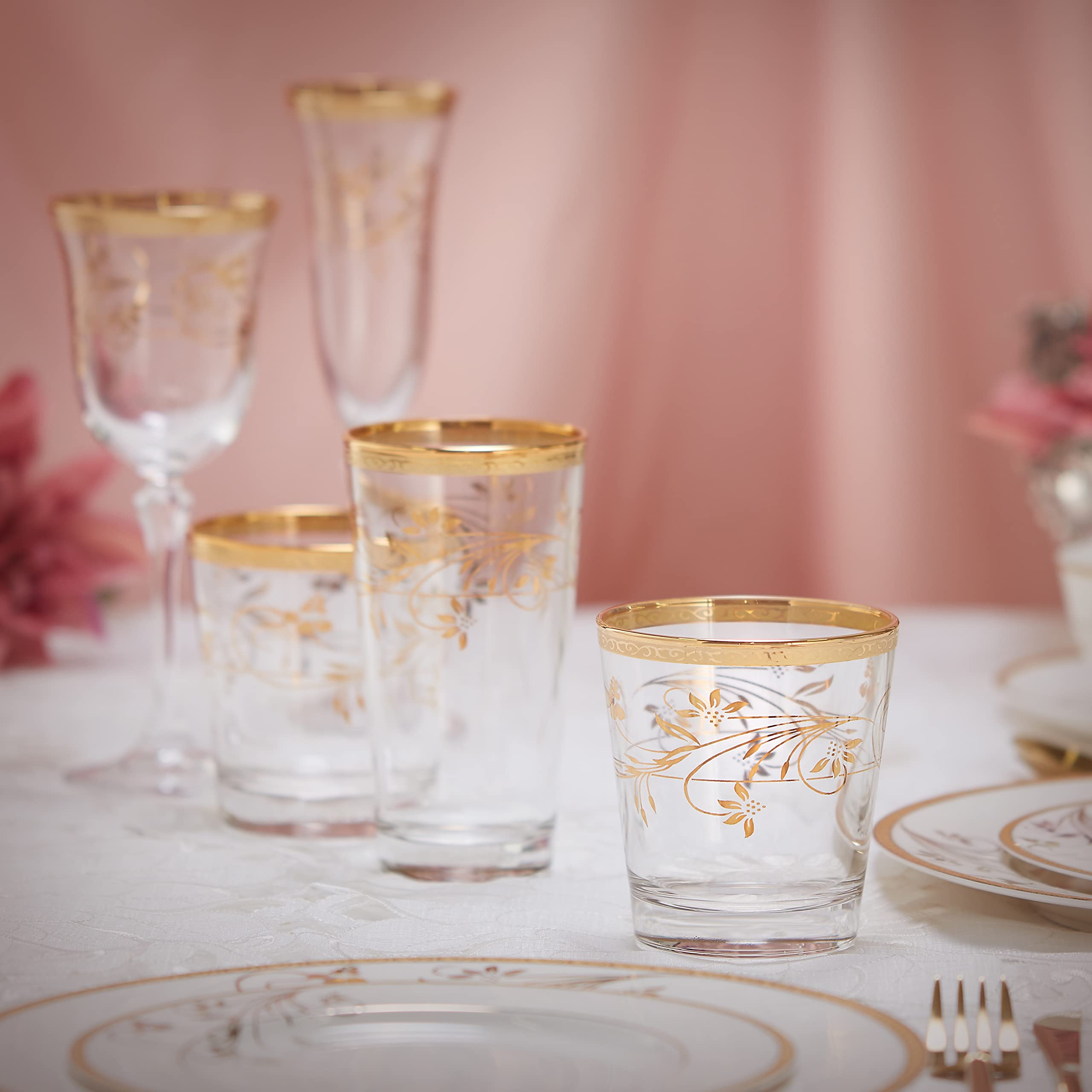 Elegant Modern Crystal Rosalia Flower Glassware Set - 10 oz Double Old Fashioned Glasses (Set of 4) - Perfect for Parties, Weddings & Home Decor