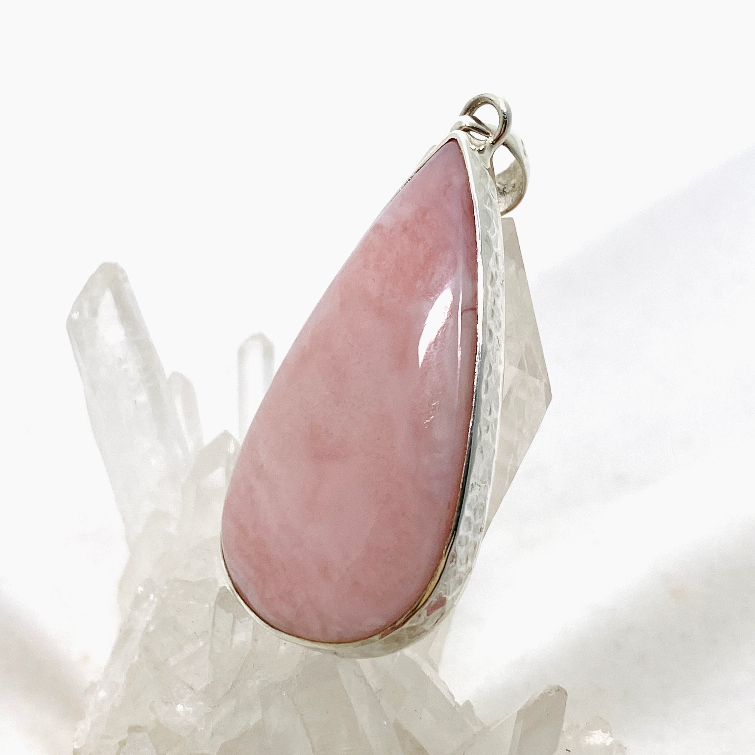 Natural Pink Opal Teardrop Cabochon Pendant Necklace - Handmade Hammered Sterling Silver Setting KPGJ4669 - Perfect for Boho Jewelry & Gift Giving