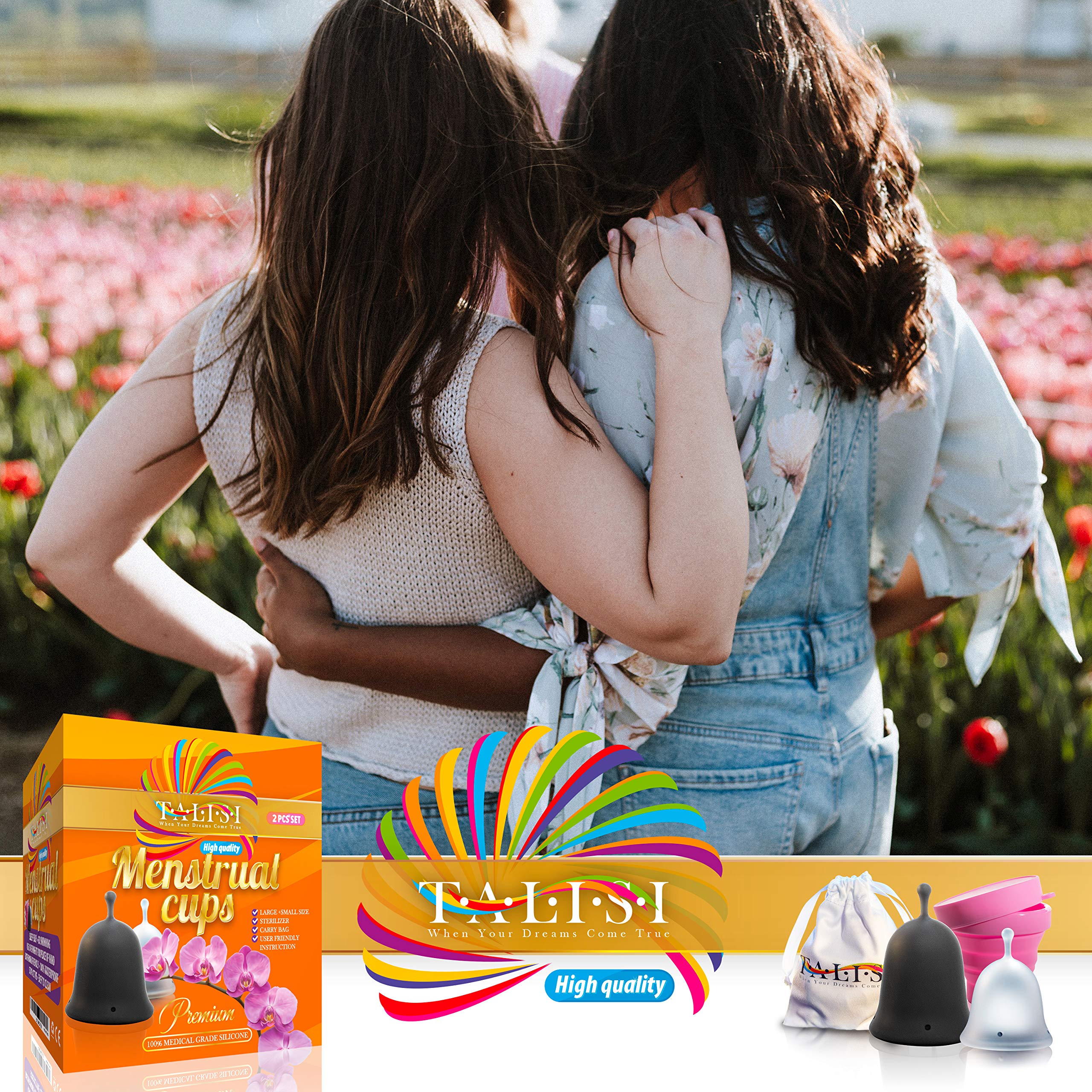 **Talisi Menstrual Cups - Set of 2 Reusable Silicone Period Cups for Women - Soft, Flexible & Leak-Proof - Small & Large Sizes - Alternative to Tampons & Pads - Ideal for Regular & Heavy Flow - Includes Collapsible Case & Sterilizer - Perfect for Travel, Gym & Active Lifestyles**
