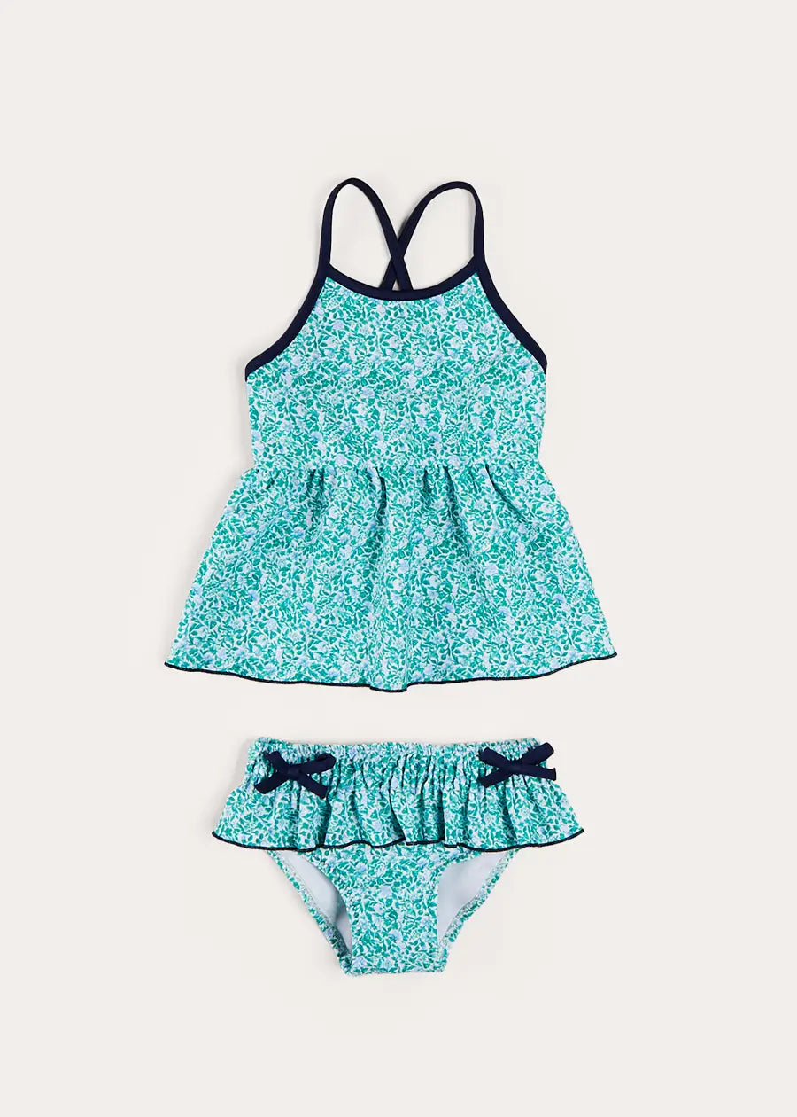 Adelaide Floral Print Bow Detail Two-Piece Swimsuit for Girls (2-10 Years) | Green Bathing Suit for Beach, Pool & Summer Vacation