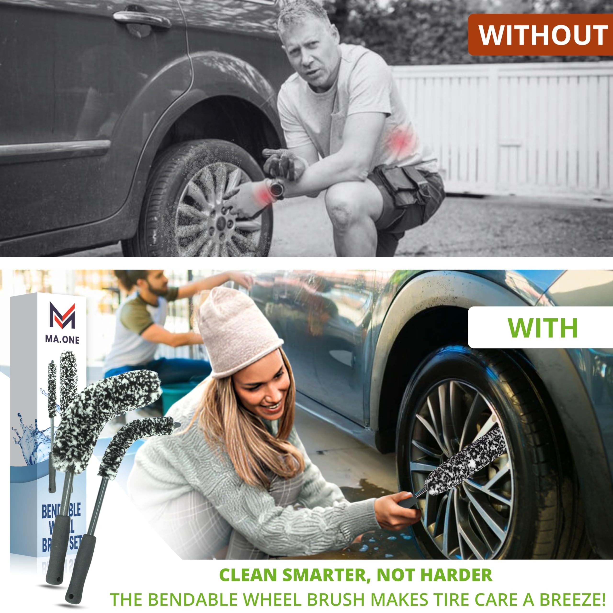 Premium 2-Pack Tire Shine & Wheel Cleaning Kit - Long Handle Car Wash Brush, Black Trim Restorer & Auto Rim Brake Dust Remover - Wet Dressing Coating Detailing Set for Cars, Trucks & SUVs - Adams Professional Auto Care Products