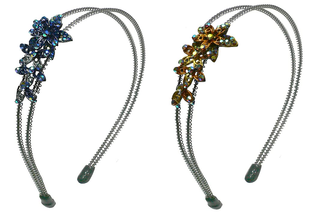 2 Pack Crystal Flower Headbands - Elegant Metal Hair Bands for Women (Blue & Brown) | Perfect for Weddings, Parties, and Special Occasions