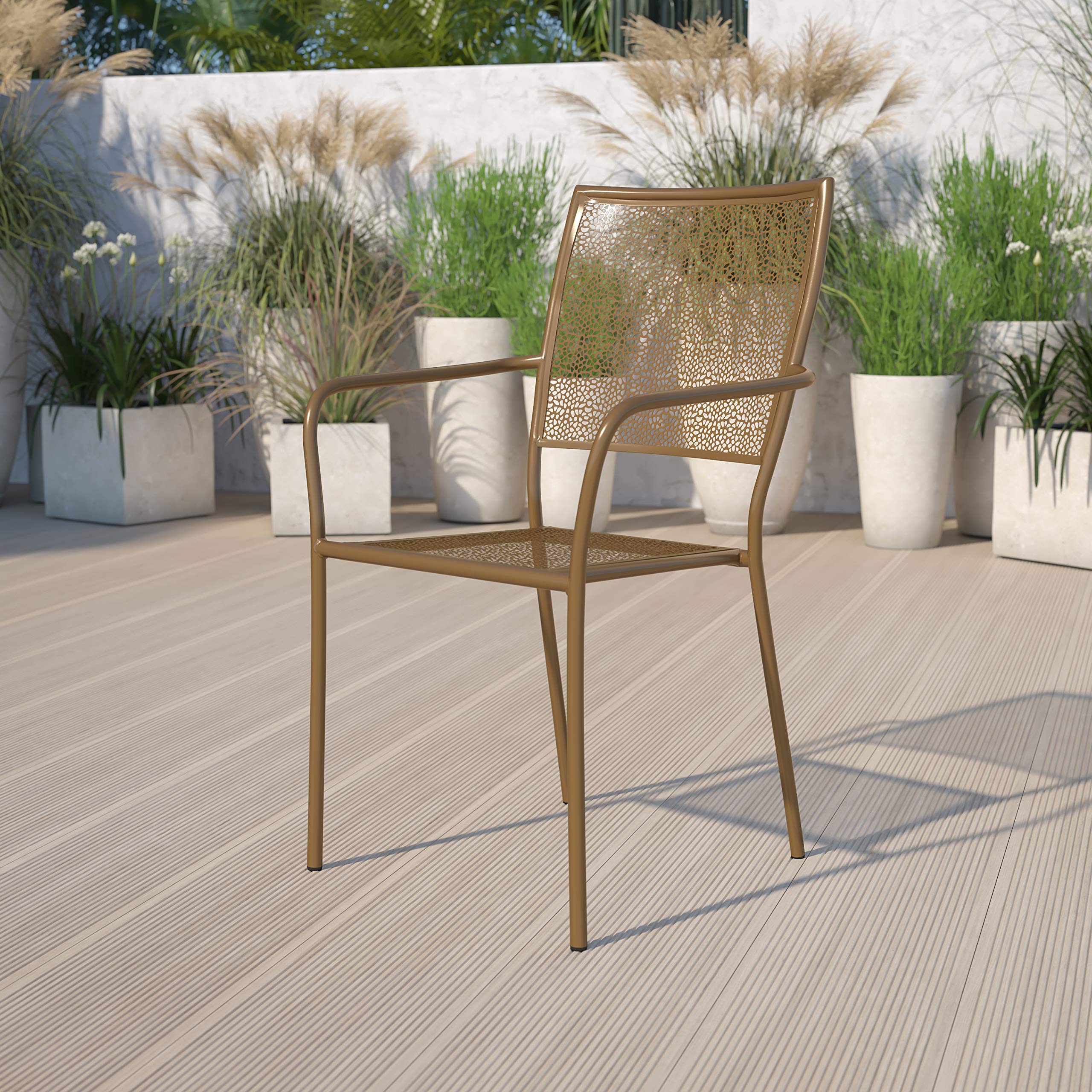 Commercial Grade Gold Indoor-Outdoor Steel Patio Arm Chair with Square Back - Durable Metal Dining Chair for Restaurant, Cafe, Garden & Home Use
