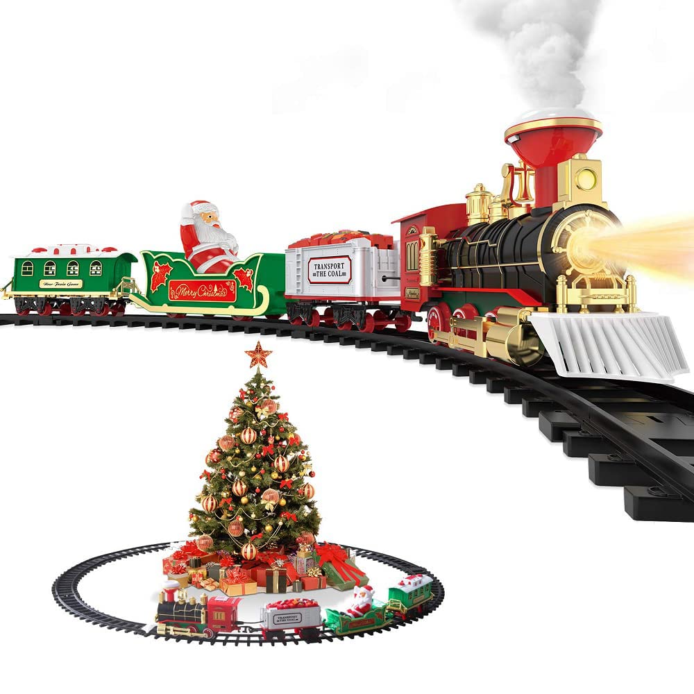 HEBXMF Electric Toy Train Set with Smoke, Lights & Sounds - Battery Powered Railway Toy for Kids Ages 3-8 - 4 Cars & Tracks Kit - Perfect Gift for Boys & Girls - Great for Birthday Parties, Christmas Gifts & Pretend Play
